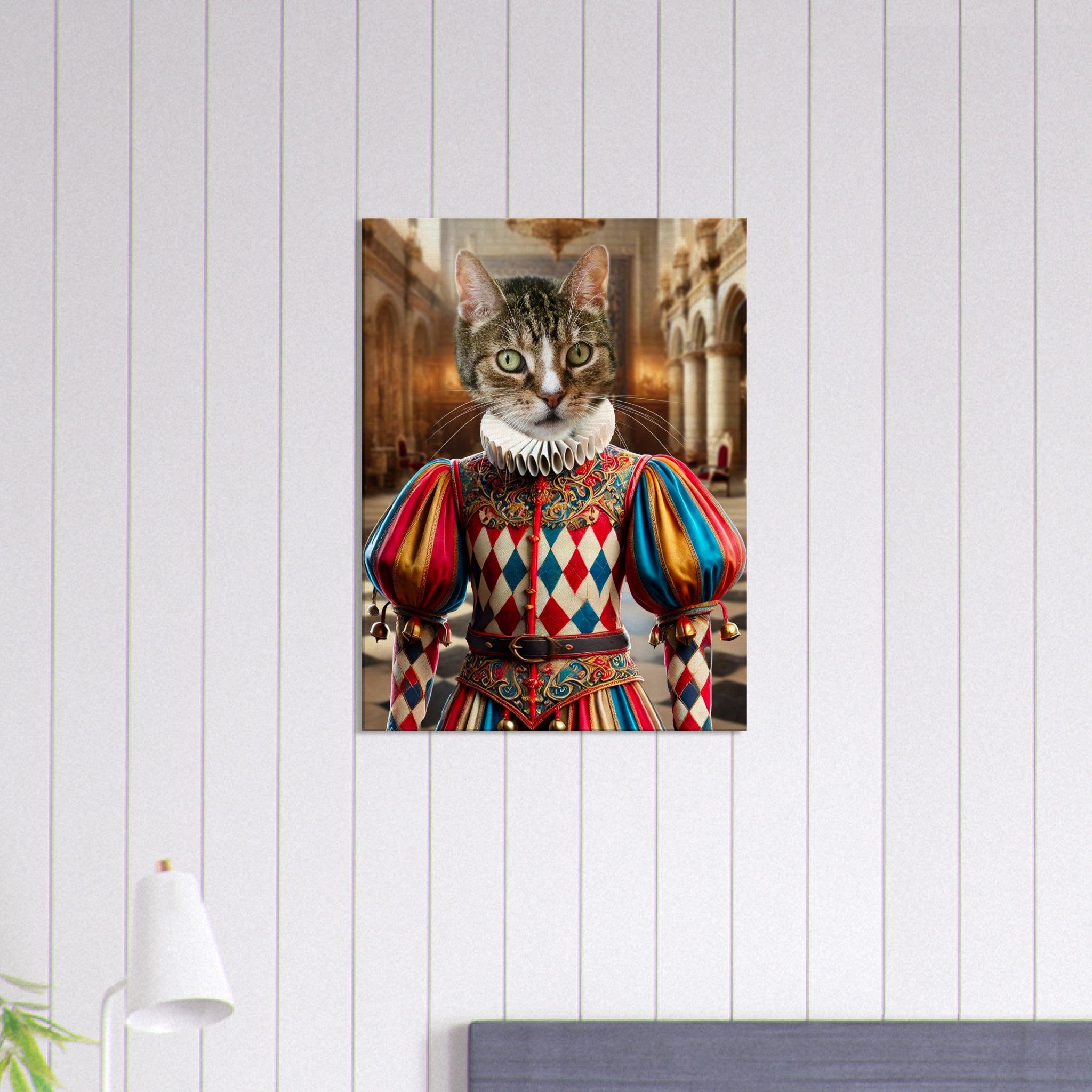 Chat tigré habillé en bouffon harlequin Renaissance à manches bouffantes rouges, bleues et or et collerette blanche, debout dans un somptueux hall de palais historique.