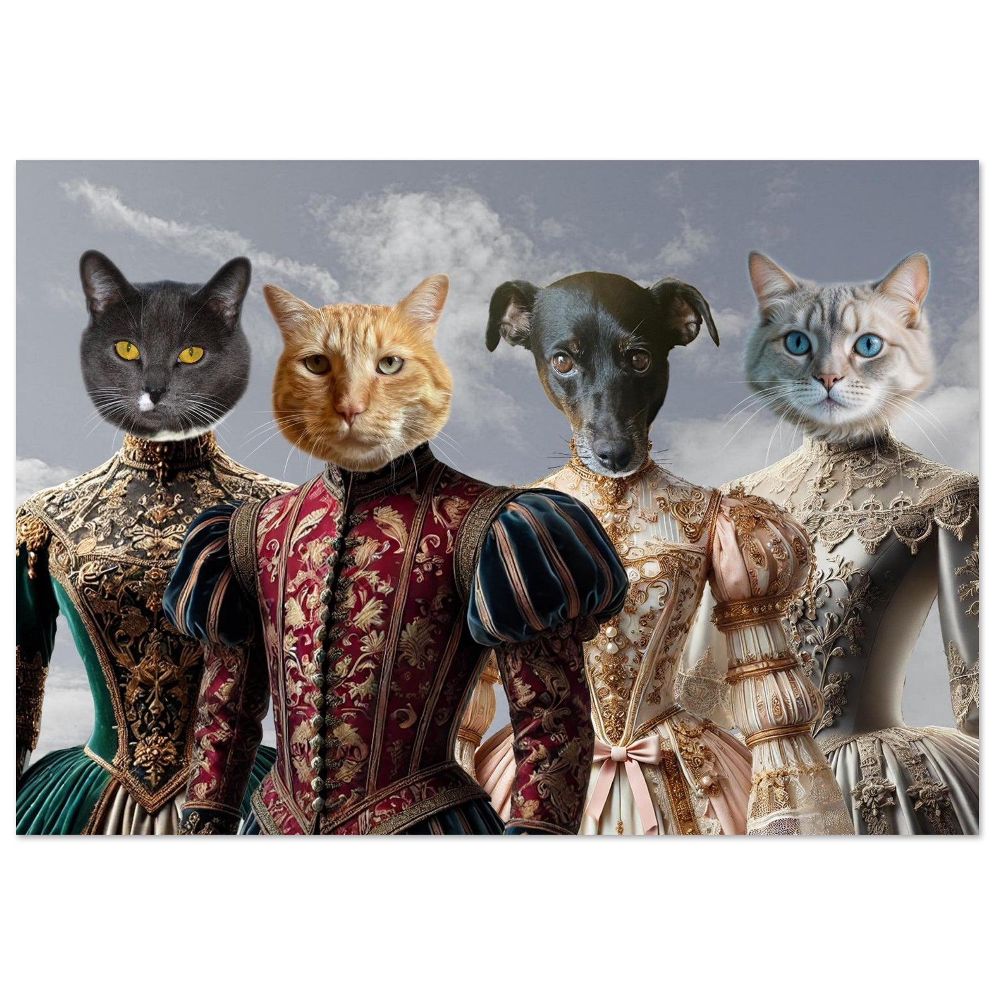 Quatre animaux de compagnie (trois chats aux pelages noir, roux et gris-bleu et un petit chien noir) portant de somptueuses robes Renaissance brodées sur fond de ciel nuageux