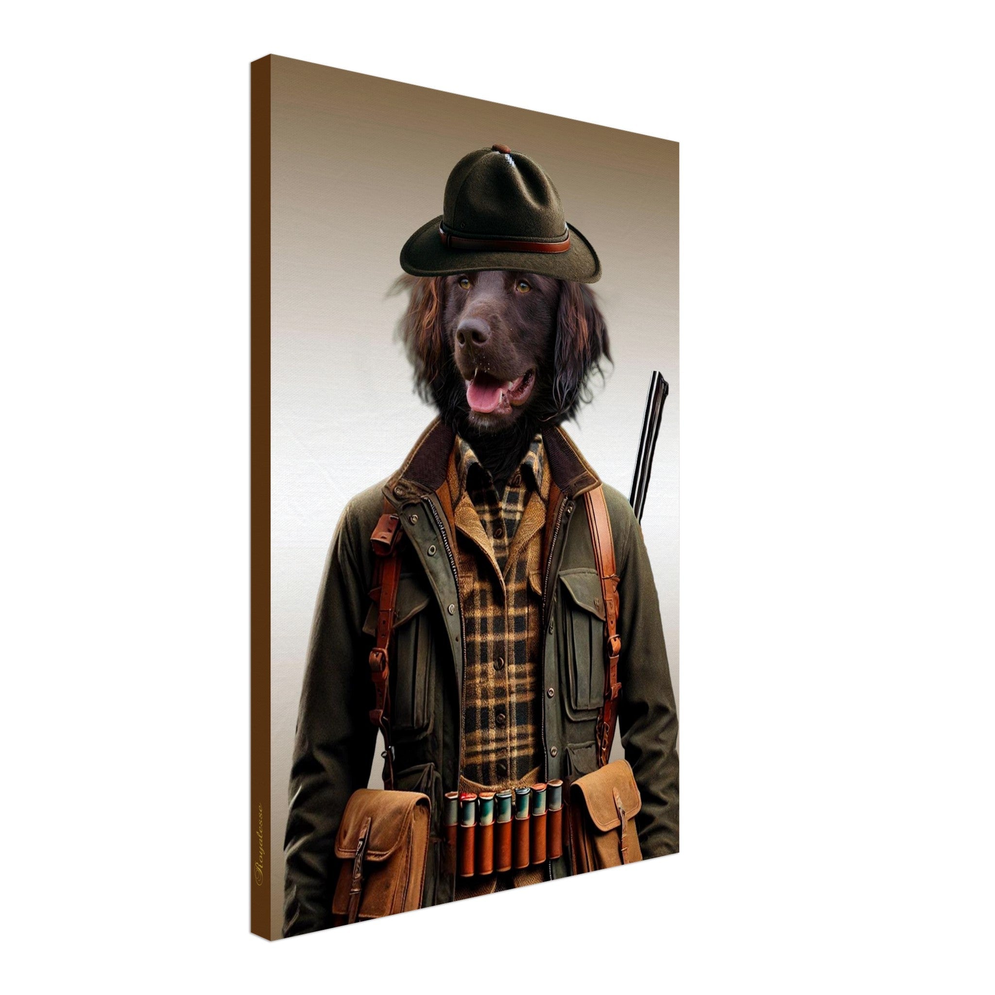 Illustration anthropomorphe d’un chien noir en tenue de chasseur – veste kaki, chemise à carreaux marron, cartouchière remplie de cartouches et fusil épaule, imprimée sur toile.