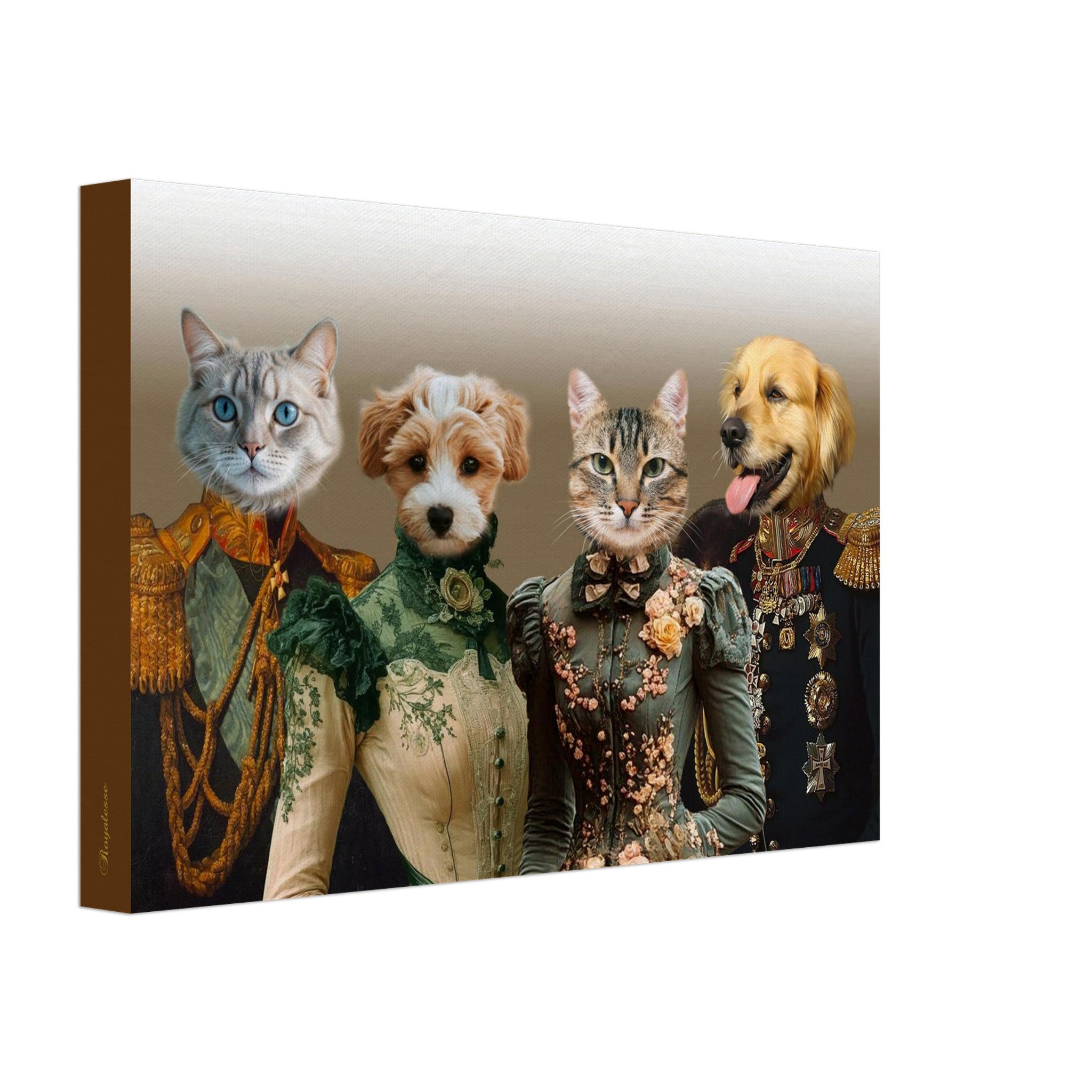 Portrait sur toile représentant deux chats et deux chiens anthropomorphes vêtus de costumes d’aristocrates du XIXe siècle