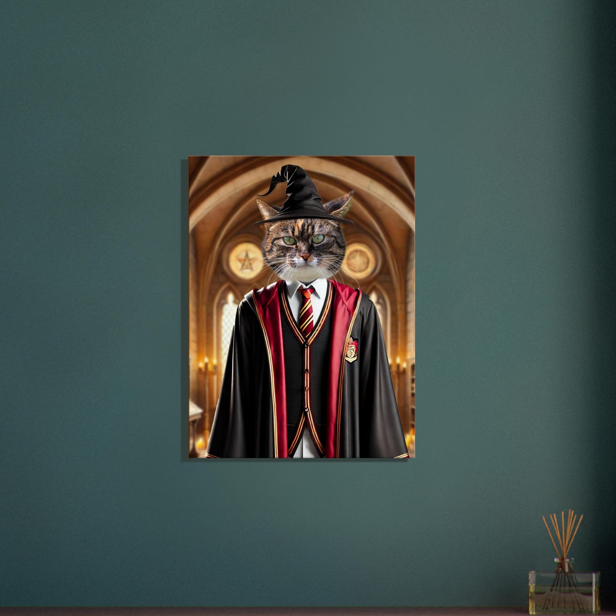 Chat tigré en costume de sorcier de style Gryffondor (robe noire bordée de rouge et or, cravate rayée, chapeau pointu) devant des fenêtres gothiques et des chandelles dans une grande salle de château.