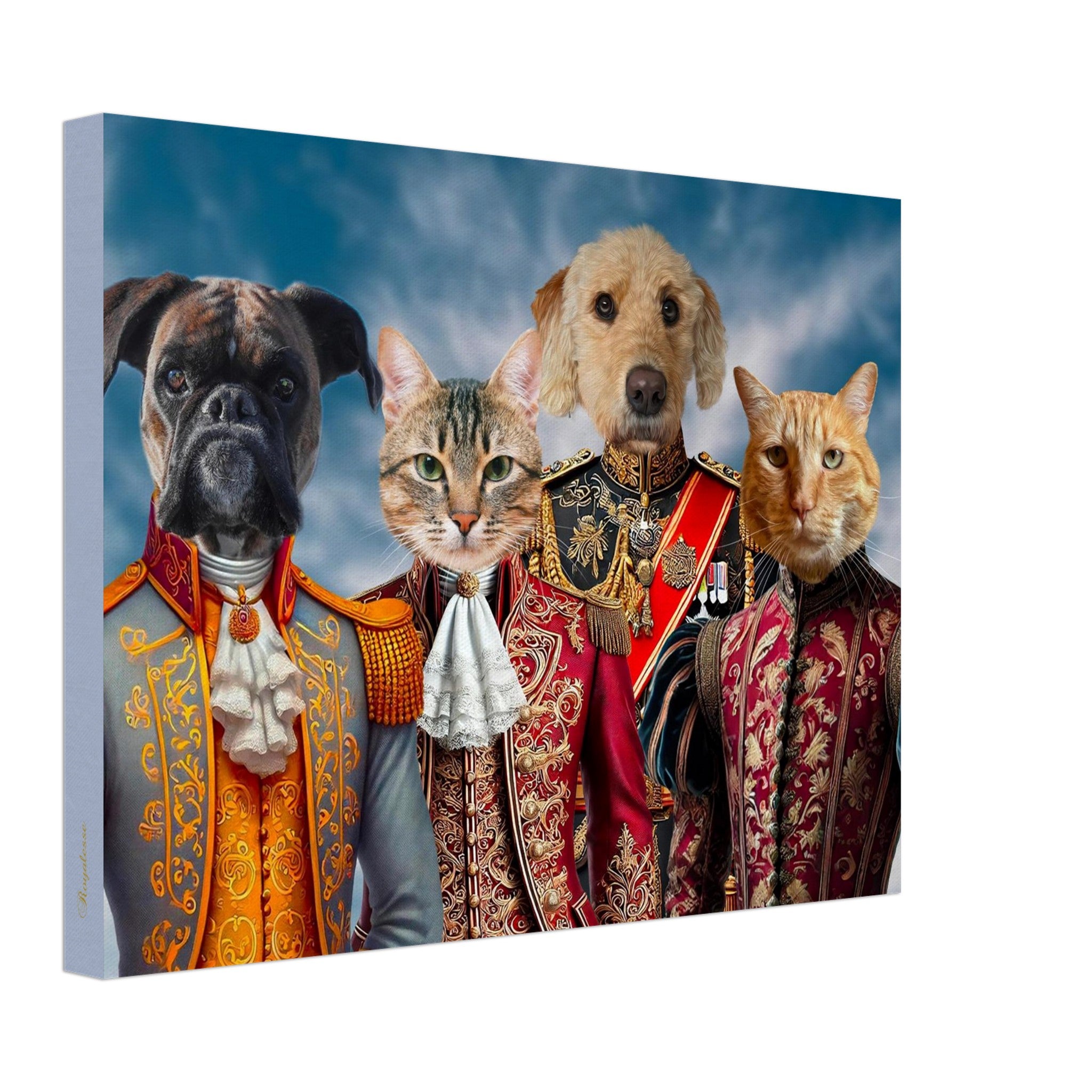 Portraits royaux sur toile de quatre animaux : chien boxer en uniforme orné, chat tigré au jabot, golden doodle en redingote brodée, chat roux en habit baroque