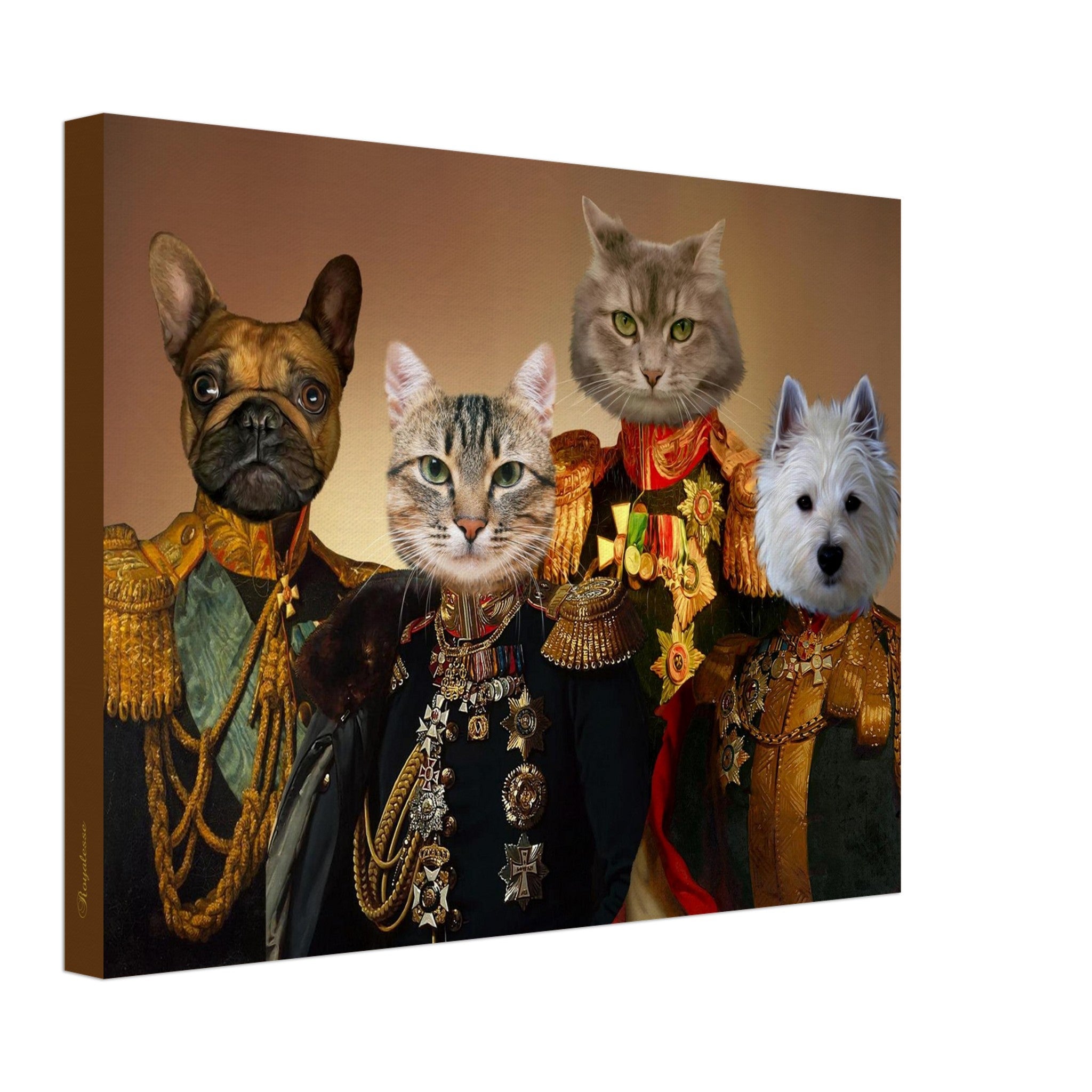 Portrait humoristique de deux chats et deux chiens vêtus d’uniformes militaires du XIXᵉ siècle richement décorés de médailles