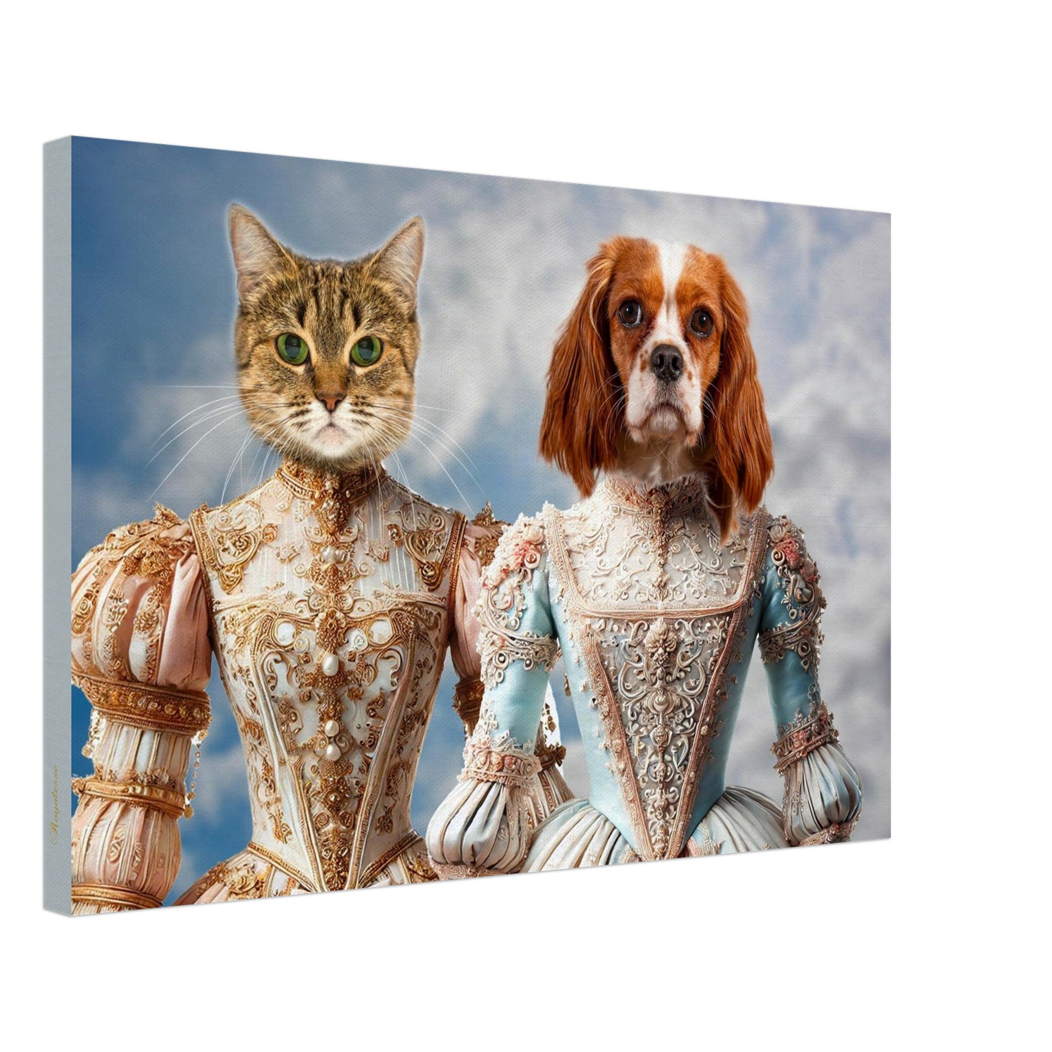 Chat tigré et épagneul Cavalier King Charles en robes royales brodées du XVIIIe siècle, sur fond de ciel nuageux.