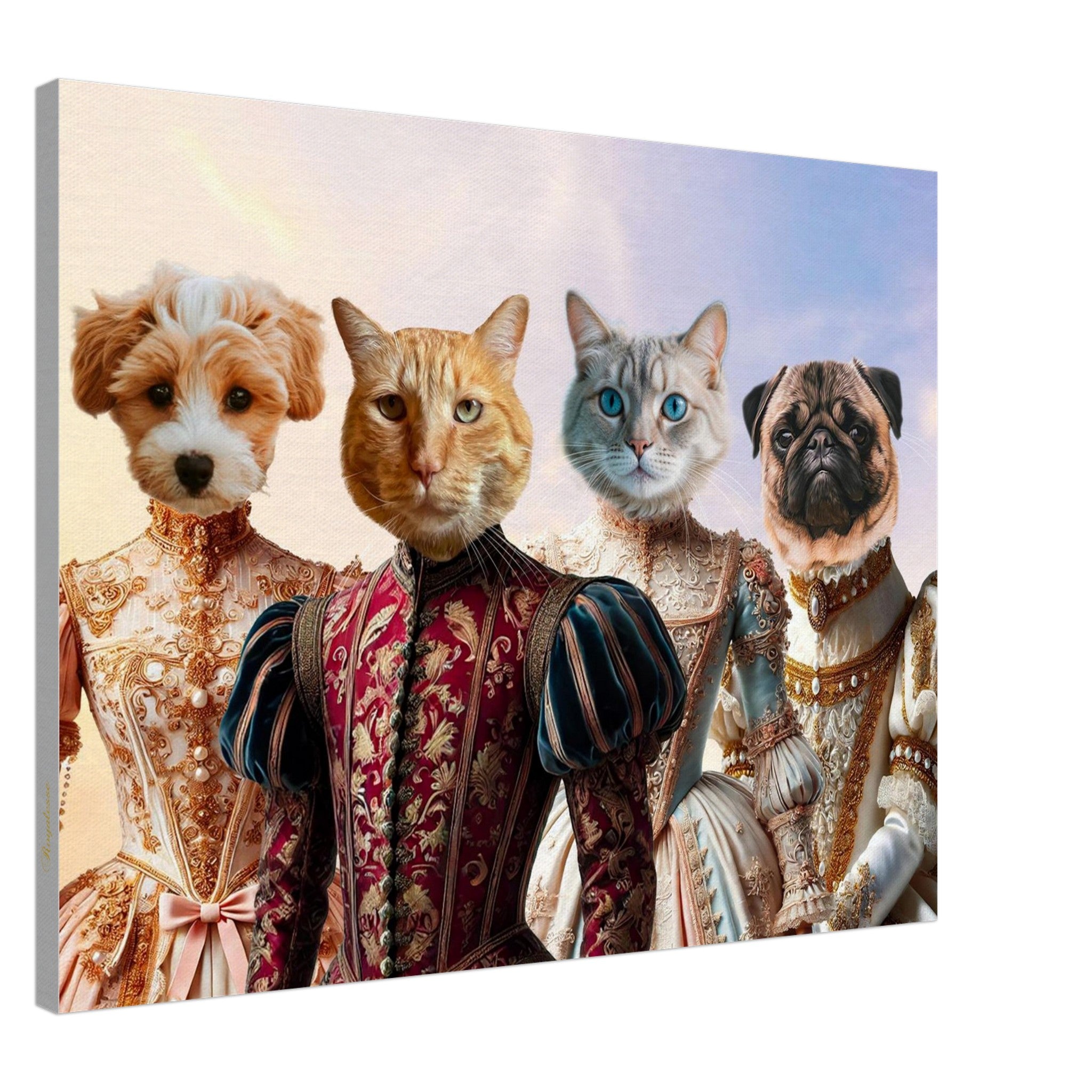 Quatre animaux costumés en nobles de la Renaissance : un petit chien crème et blanc, un chat roux, un chat gris aux yeux bleus et un carlin, vêtus de riches tenues brodées.