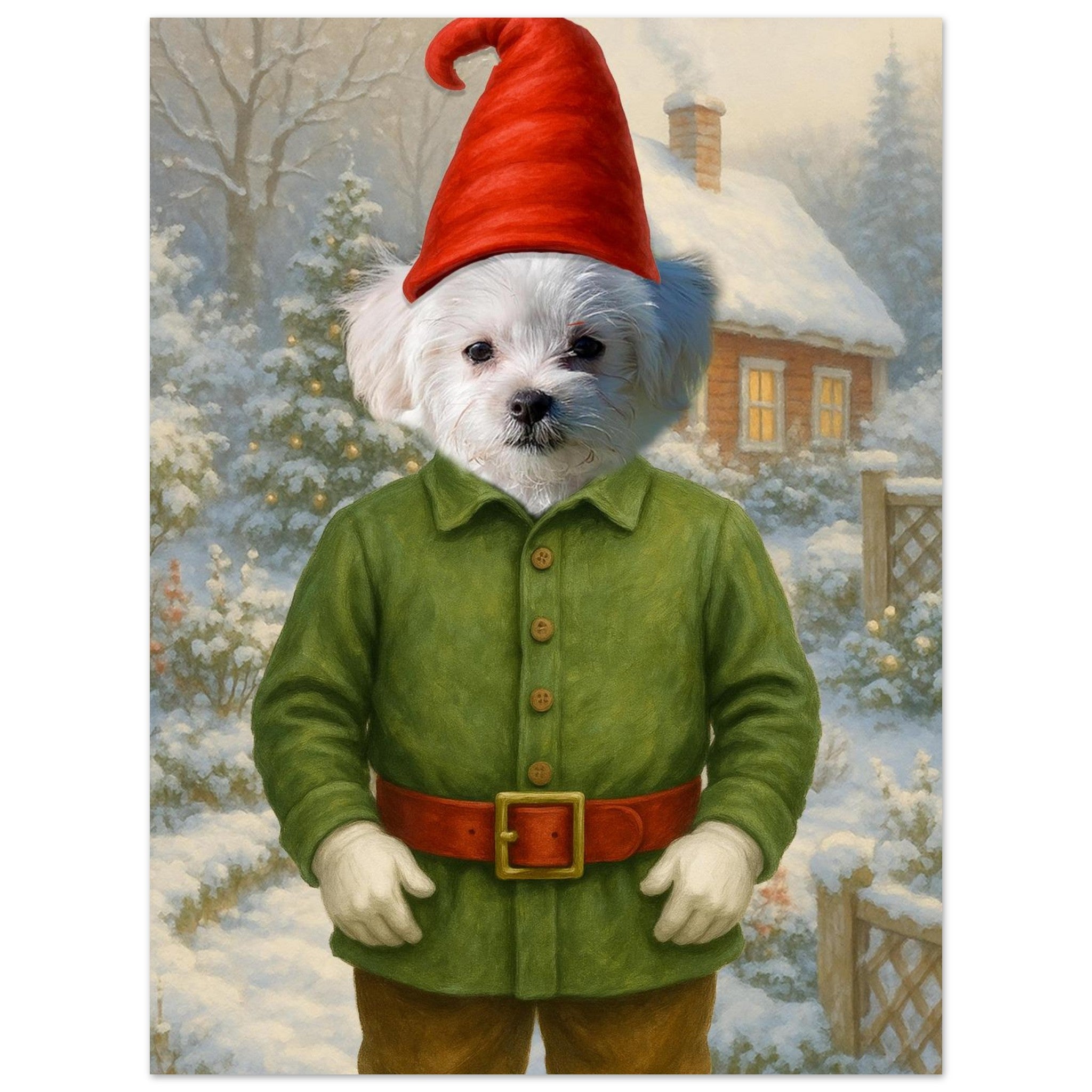 Chien blanc au pelage duveteux, vêtu d’un habit de lutin vert ceinturé de rouge et coiffé d’un bonnet pointu rouge, debout devant un chalet enneigé aux lumières chaudes.
