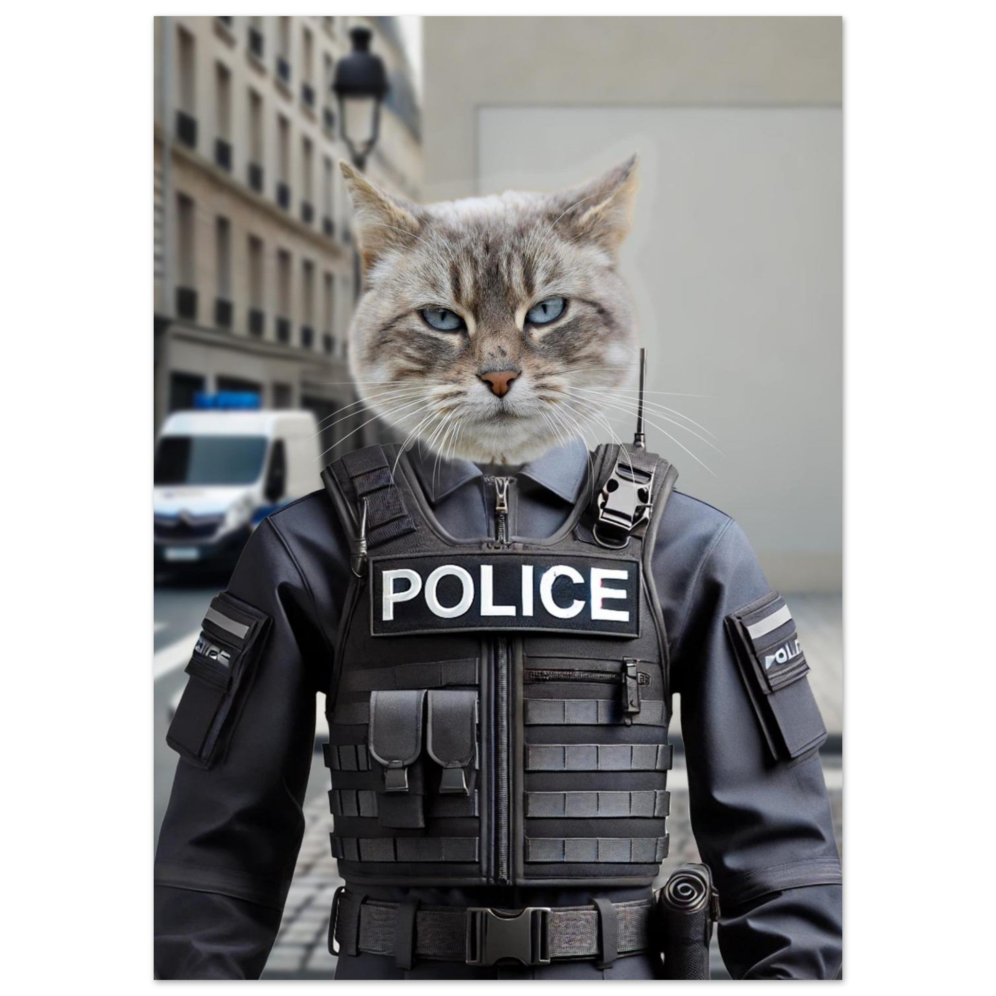 Portrait humoristique d’un chat gris aux yeux bleus vêtu d’un gilet pare-balles noir marqué « POLICE », debout dans une rue urbaine avec un véhicule de police flou en arrière-plan.