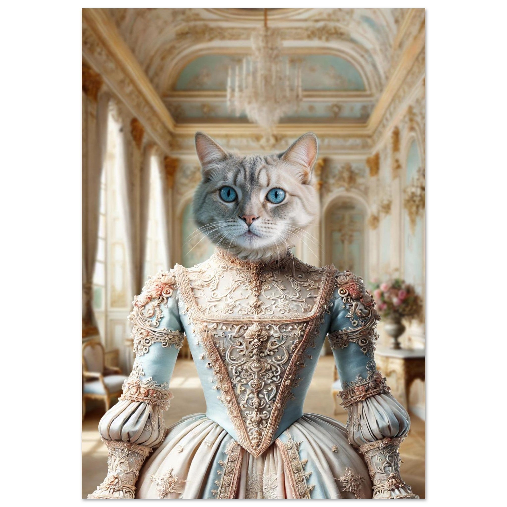 Portrait d’un chat aux yeux bleu azur vêtu d’une somptueuse robe rococo bleu pastel richement brodée d’or, debout dans un grand salon de palais baroque aux moulures dorées et au lustre en cristal.