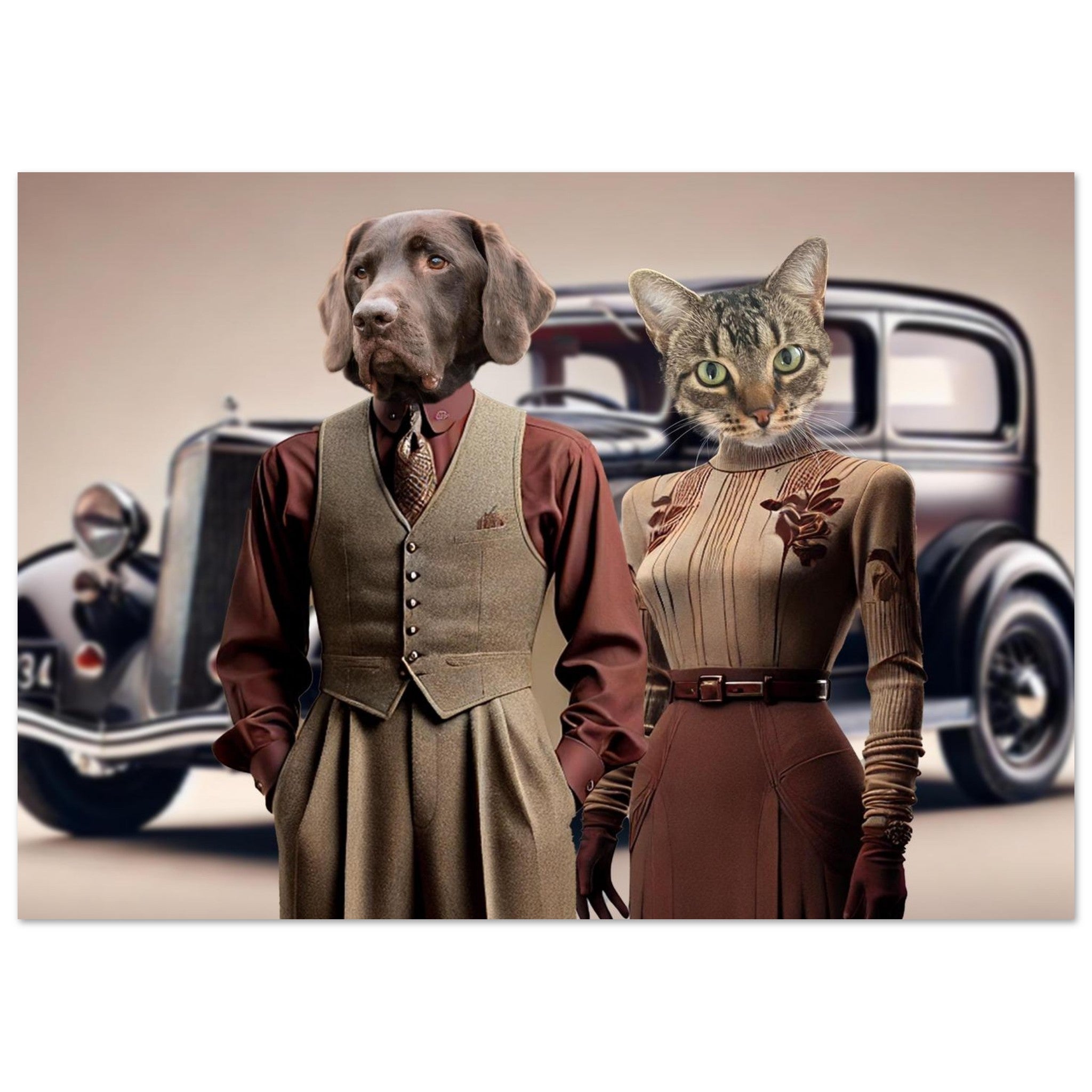 Homme à tête de chien en gilet tweed beige et chemise marron aux côtés d’une femme à tête de chat en robe longue marron brodée et gants, posant devant une voiture rétro des années 1930.