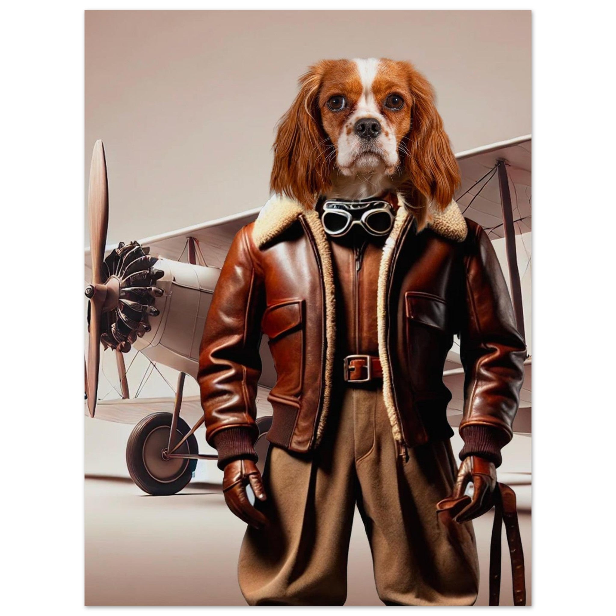 Chien Cavalier King Charles en tenue d’aviateur vintage (blouson en cuir marron à col sherpa, lunettes de pilote et gants) debout devant un biplan ancien