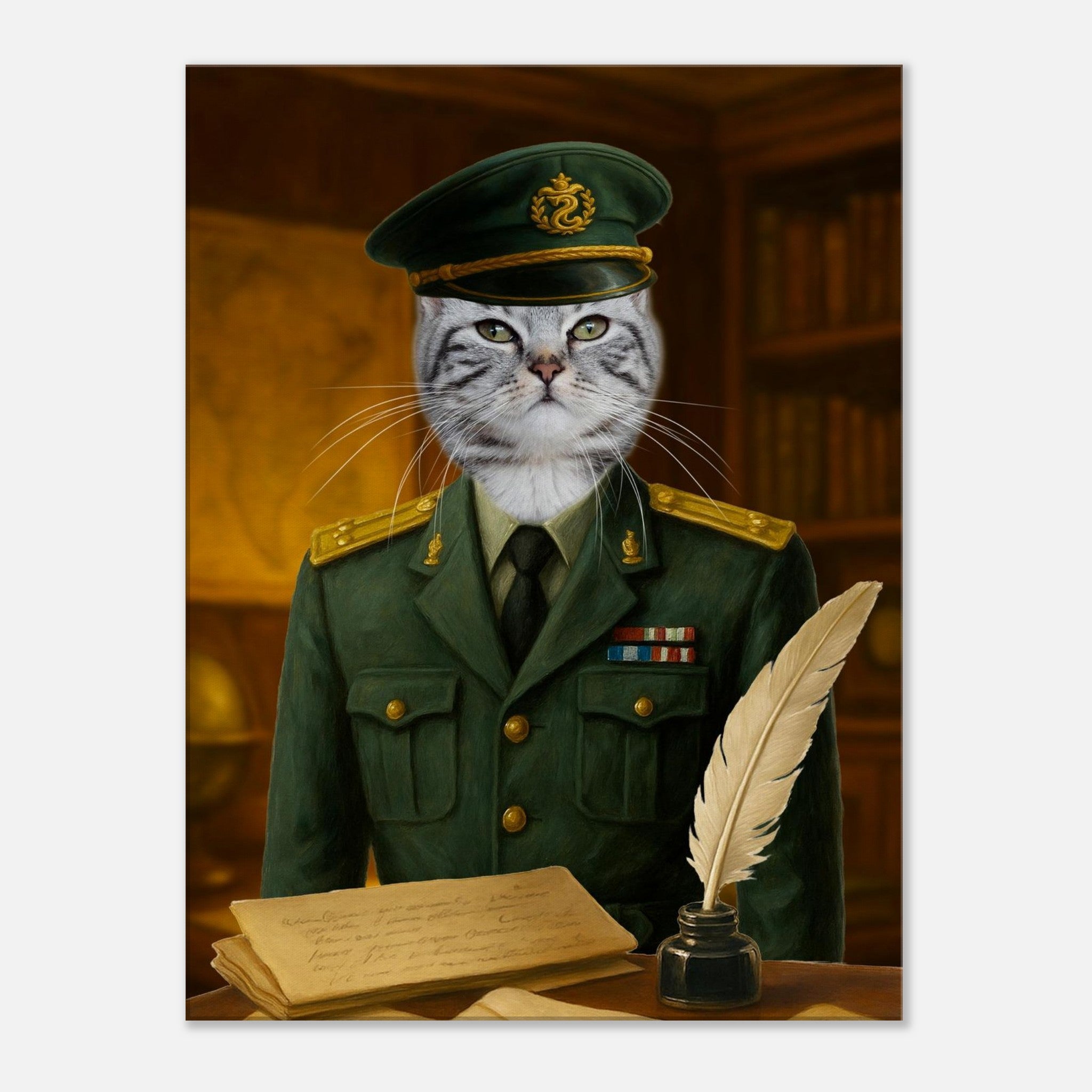 Chat gris en uniforme vert d’officier militaire, casquette ornée d’insigne et rubans de décorations, debout derrière un bureau jonché de parchemins et d’un encrier à plume.