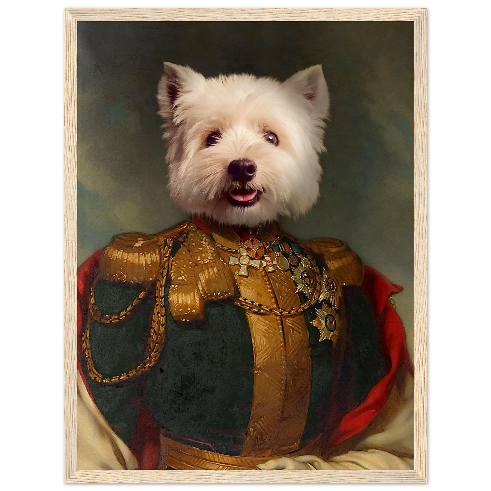 Poster encadré Cadre DUC avec portrait chien royal, papier FSC, imprimé en France, cadre bois pin durable.