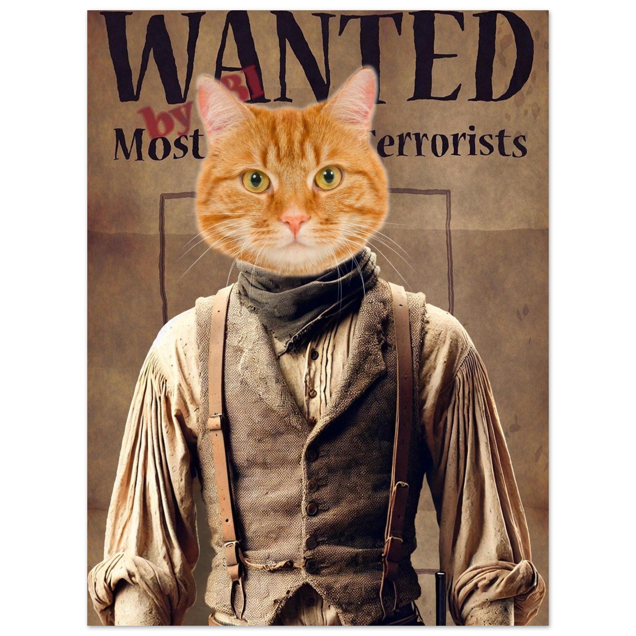 Chat orange anthropomorphe vêtu d’un gilet en toile et d’une chemise à manches bouffantes, bretelles et foulard de cow-boy, sur fond d’affiche « WANTED » style Far West.
