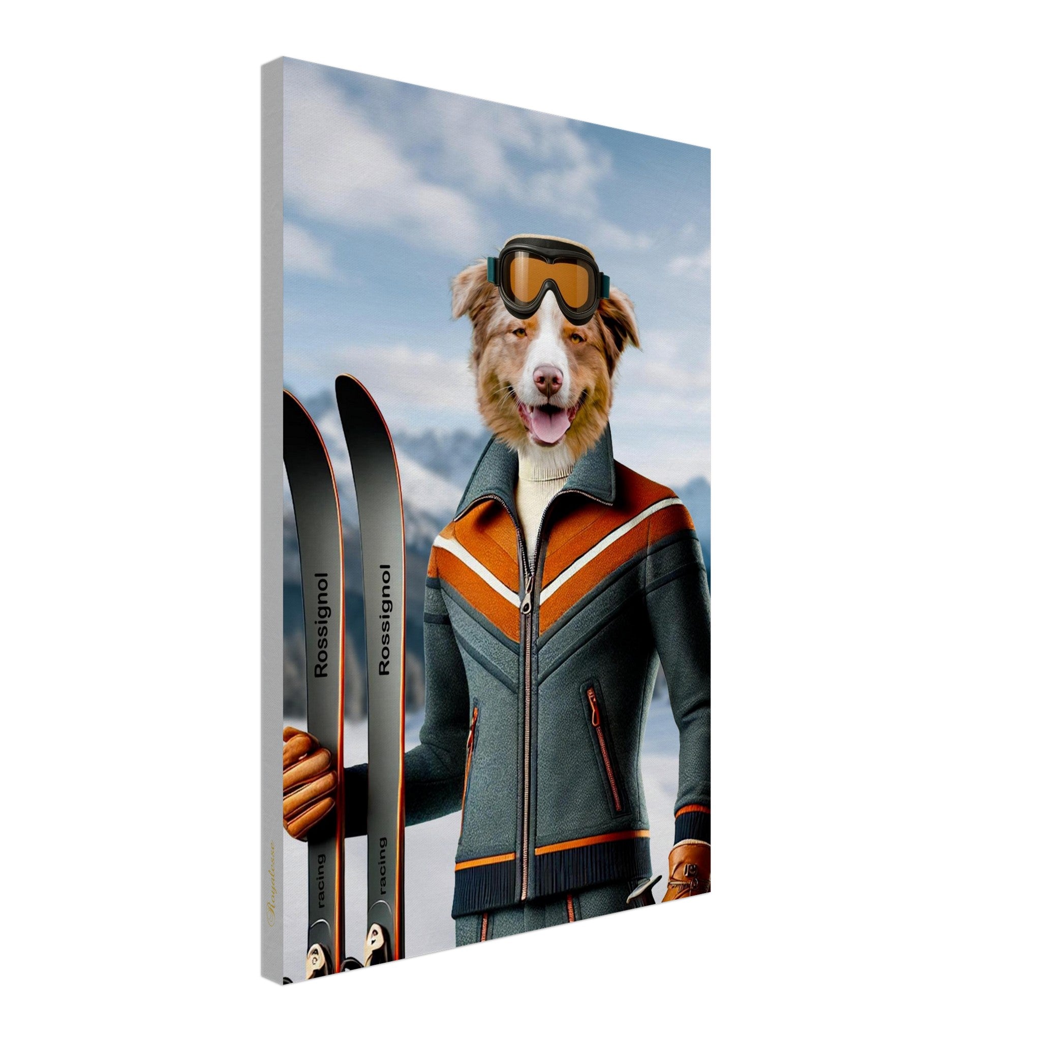 Chien anthropomorphe en tenue de ski gris et orange avec masque et gants, tenant une paire de skis Rossignol Racing sur fond de montagnes enneigées