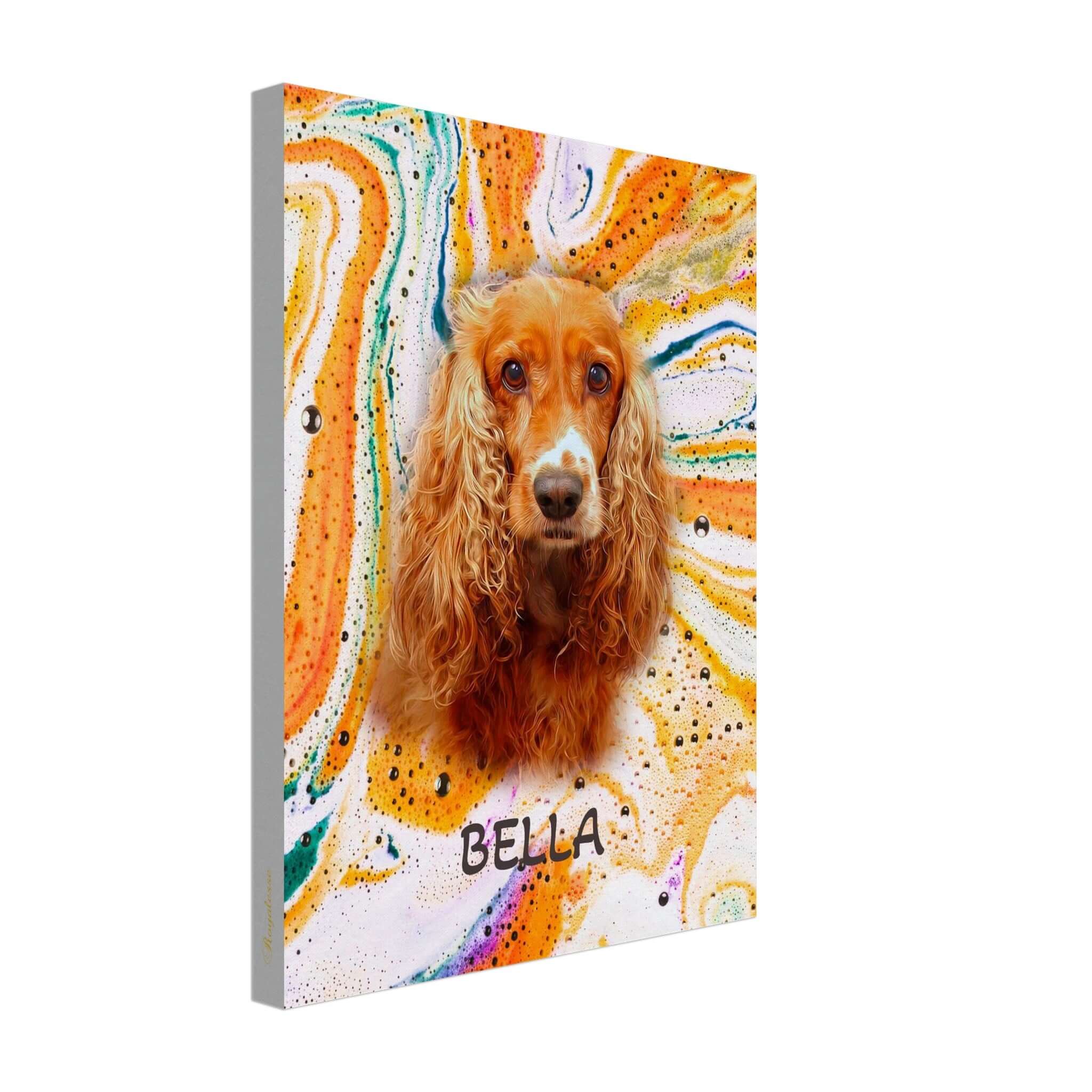 Portrait animal personnalisé "Bella" sur toile, imprimé en France. Œuvre d'art intemporelle sur papier FSC.