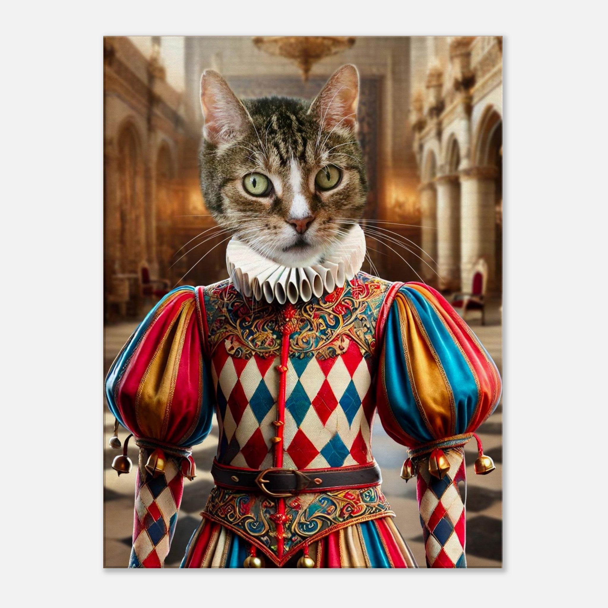 Chat tigré aux yeux verts portant un costume de bouffon renaissance aux losanges rouges, blancs et bleus, manches bouffantes or et bleu, col plissé et clochettes, debout dans une grande salle de palais aux arches gothiques