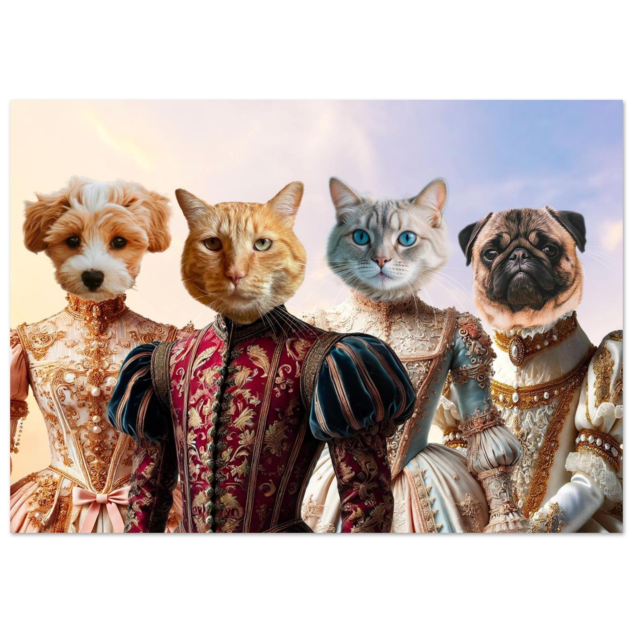 Quatre animaux – deux chiens et deux chats – vêtus de somptueux costumes Renaissance et baroques richement ornés, posant devant un ciel pastel.
