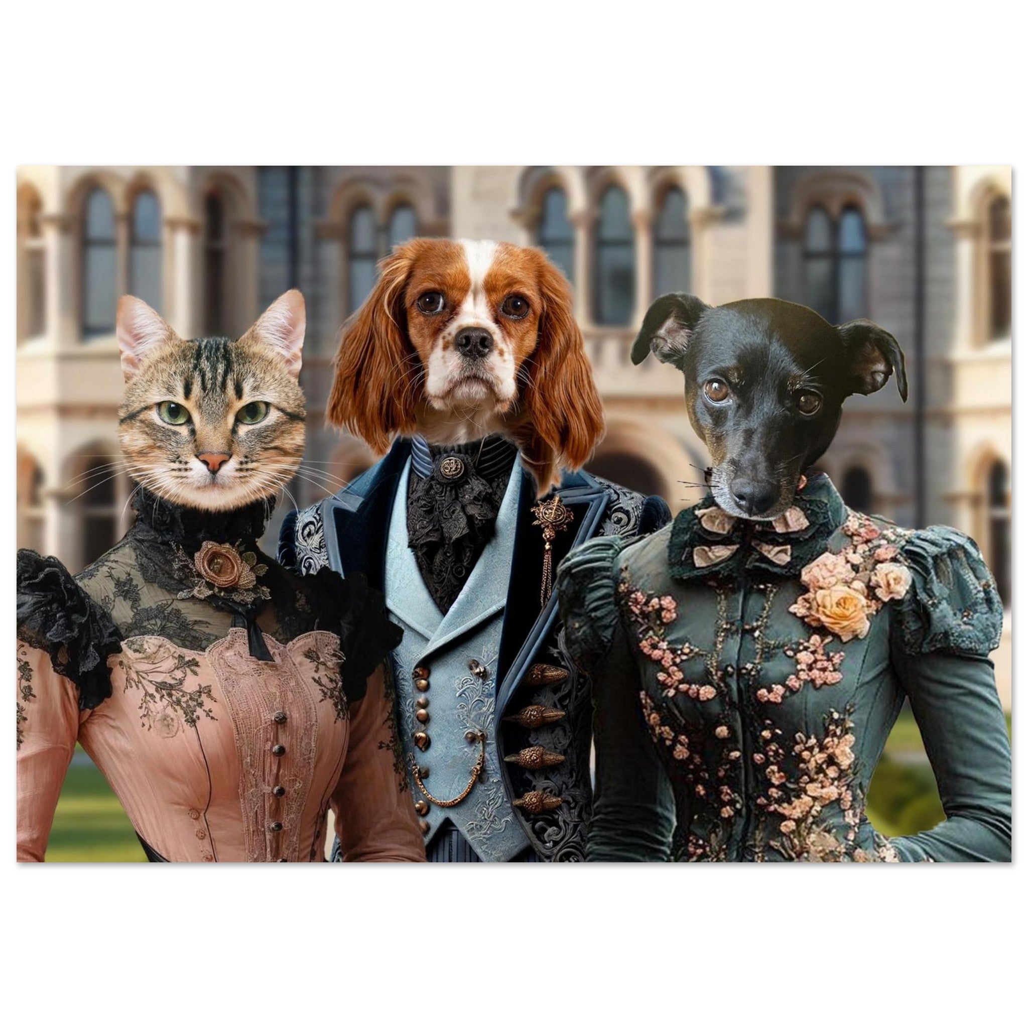 Trois animaux anthropomorphes vêtus de tenues victoriennes sophistiquées devant la façade floue d’un manoir : à gauche un chat tigré en robe rose à dentelle et broderies, au centre un épagneul blanc et marron en costume bleu à gilet brodé, à droite un petit chien noir en robe vert foncé ornée de fleurs.