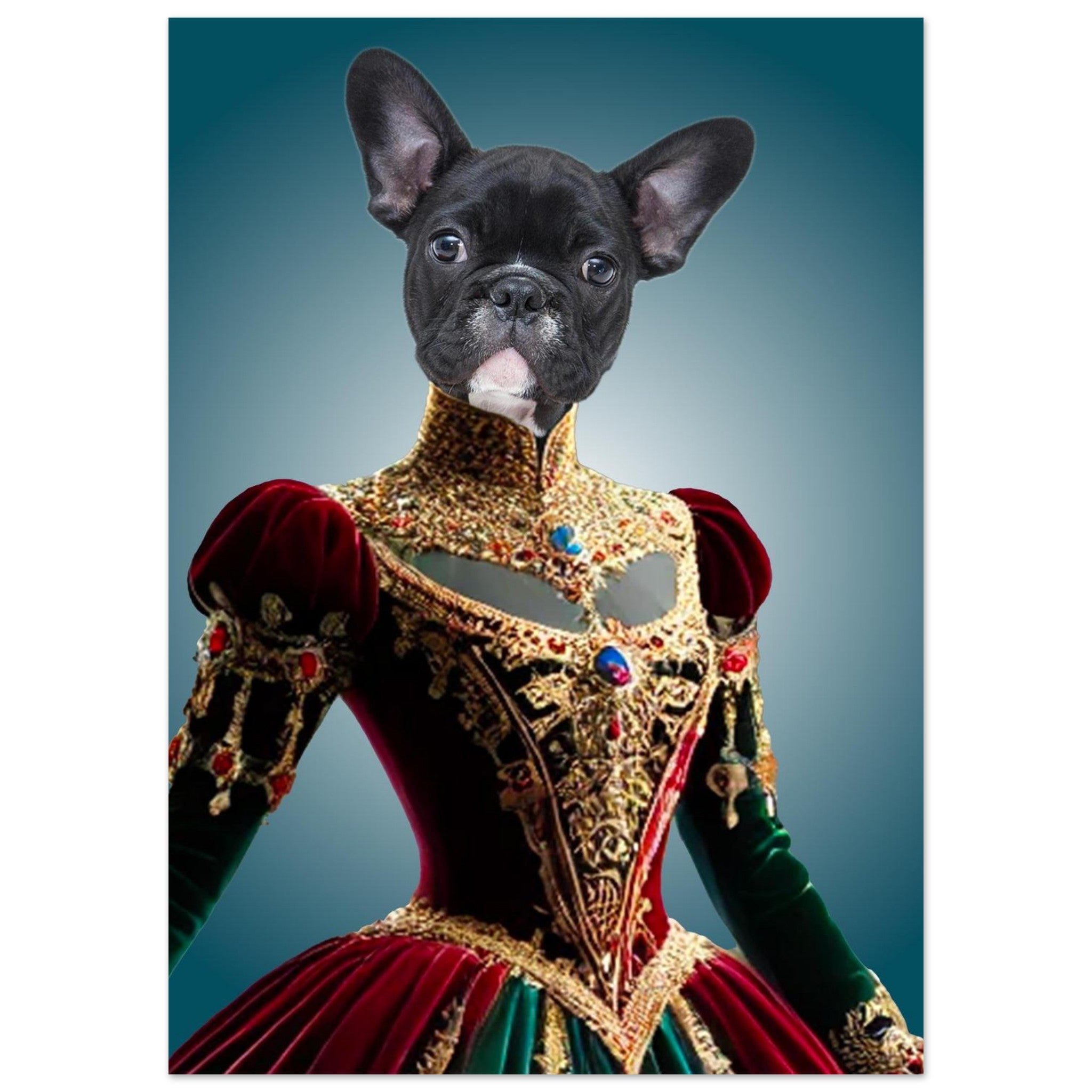 Portrait d’un bouledogue français noir en robe Renaissance rouge et verte en velours, brodée d’or et ornée de pierres précieuses