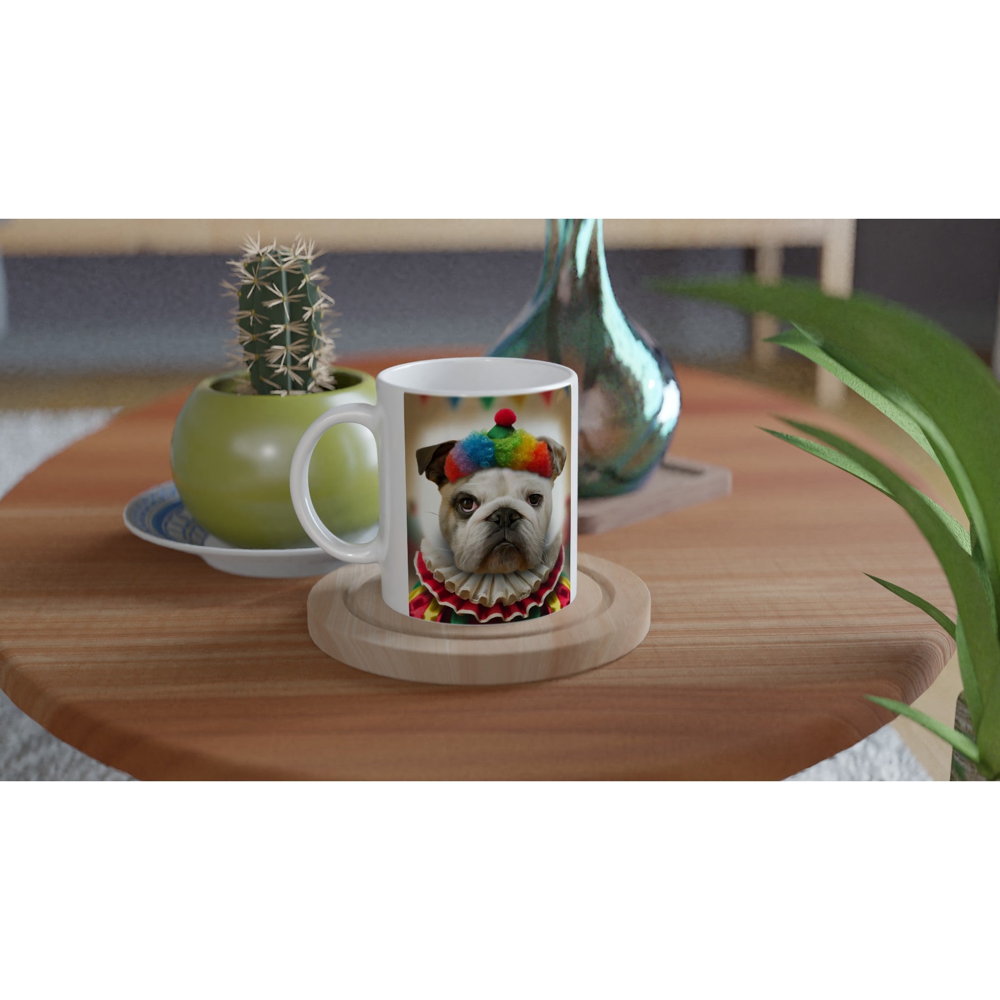 Mug blanc posé sur une table basse en bois, imprimé d’un bouledogue anglais portant un chapeau pompon multicolore et un col en froufrou, entouré d’un petit cactus et d’une plante verte.