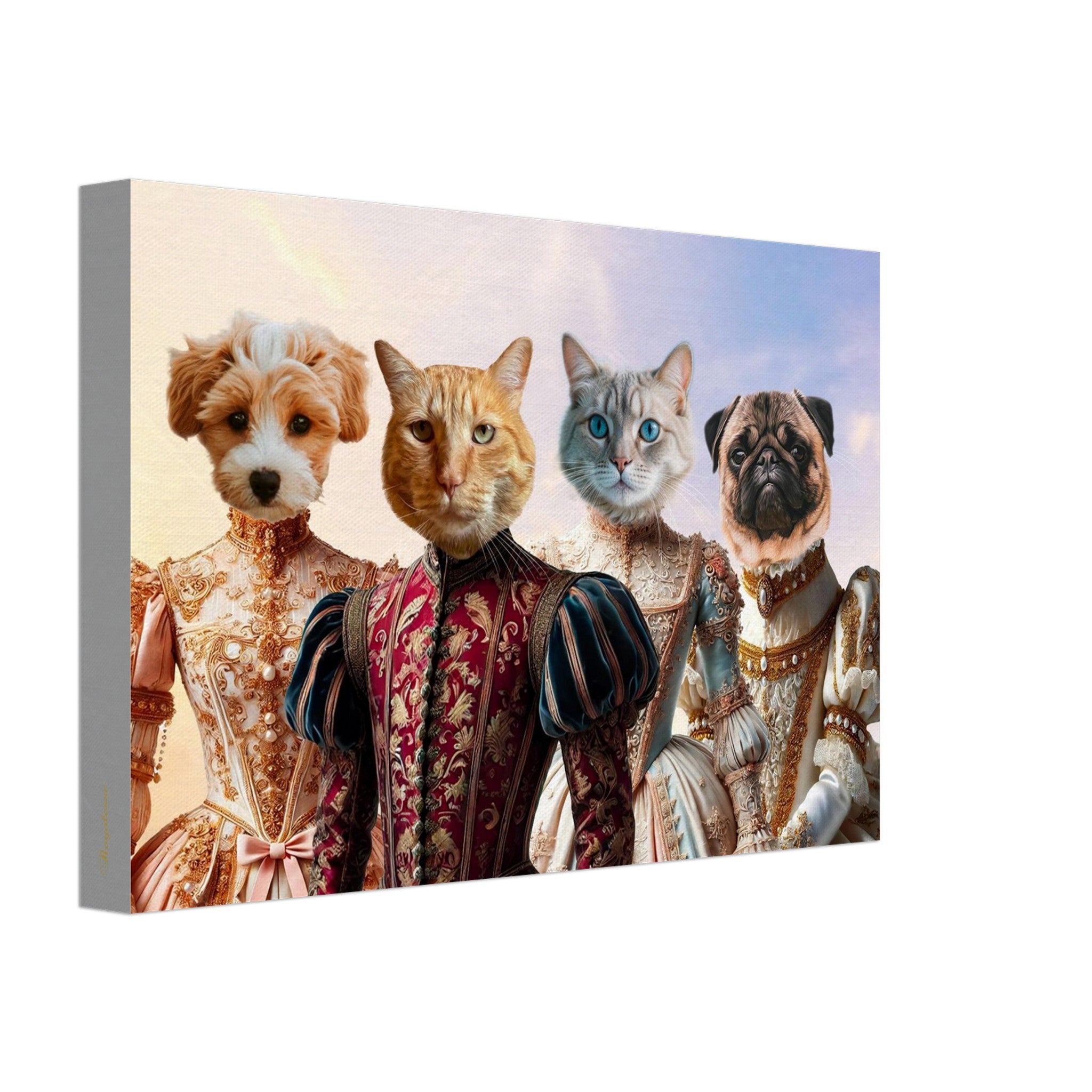 Deux chats et deux chiens anthropomorphes en costumes aristocratiques Renaissance sur toile, fond ciel pastel