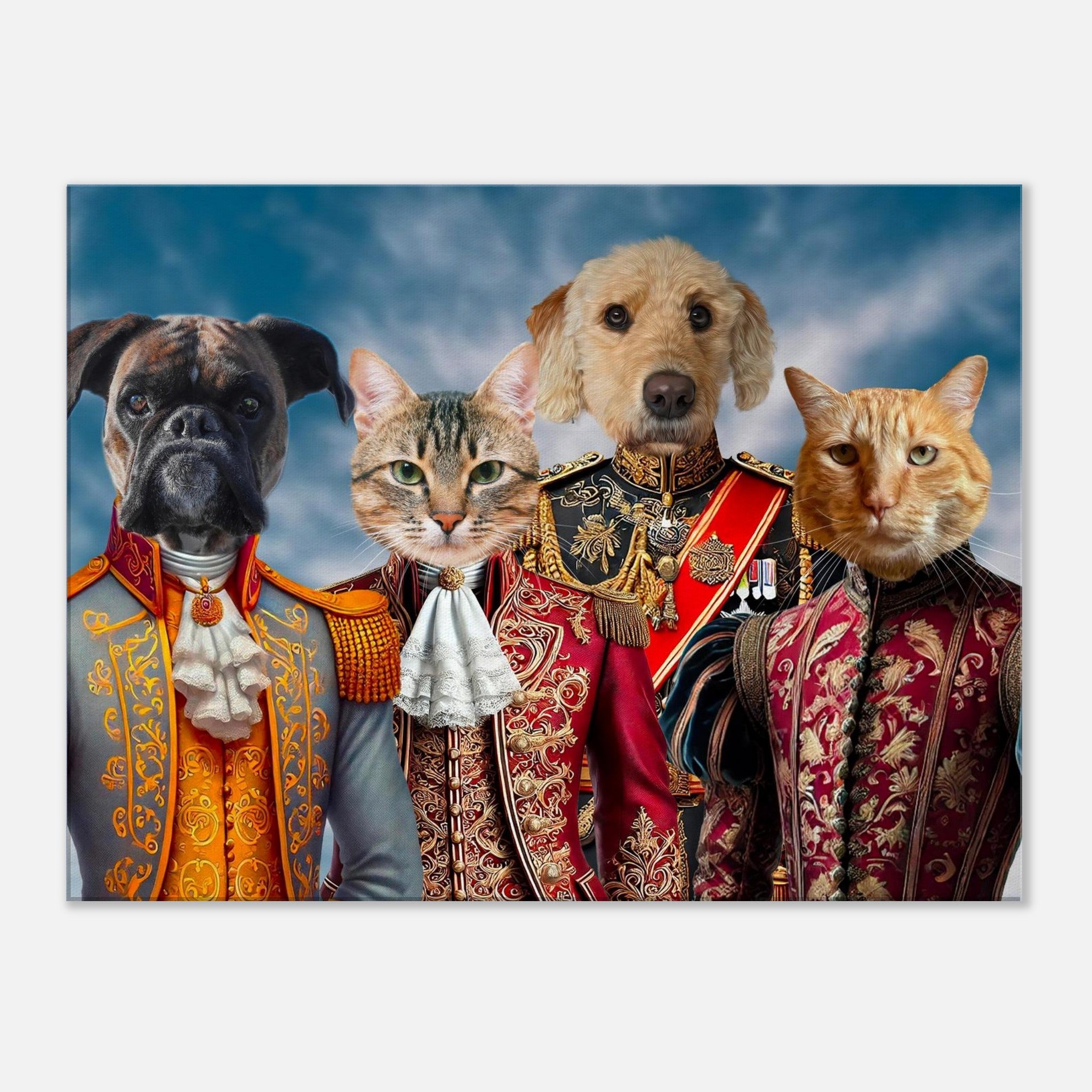 Portrait de quatre animaux anthropomorphes – deux chiens et deux chats – en uniformes royaux richement brodés et médaillés, posant devant un ciel nuageux.