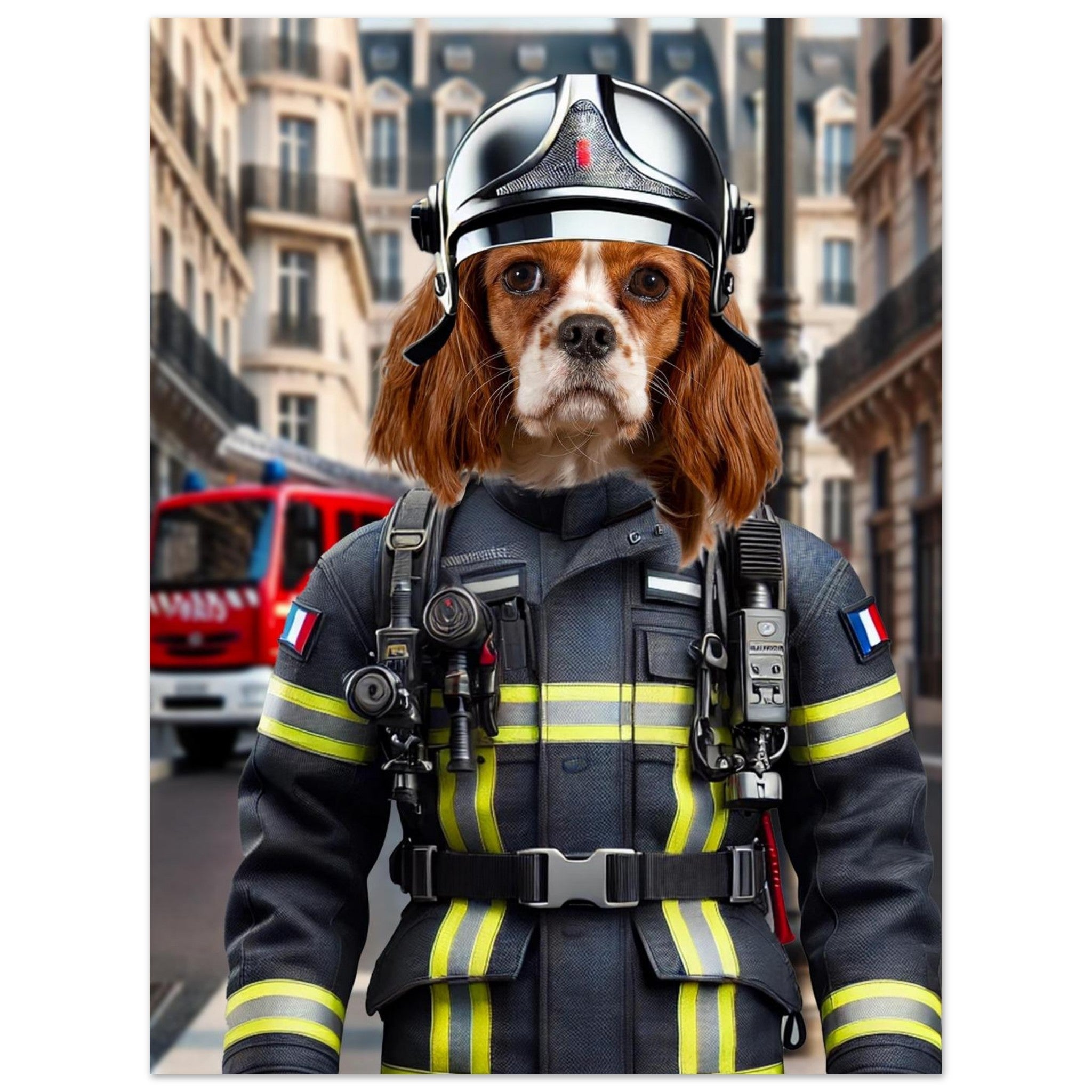 Chien Cavalier King Charles avec casque et uniforme de pompier français à bandes réfléchissantes, équipé de matériel de secours, devant un camion de pompiers rouge dans une rue urbaine.