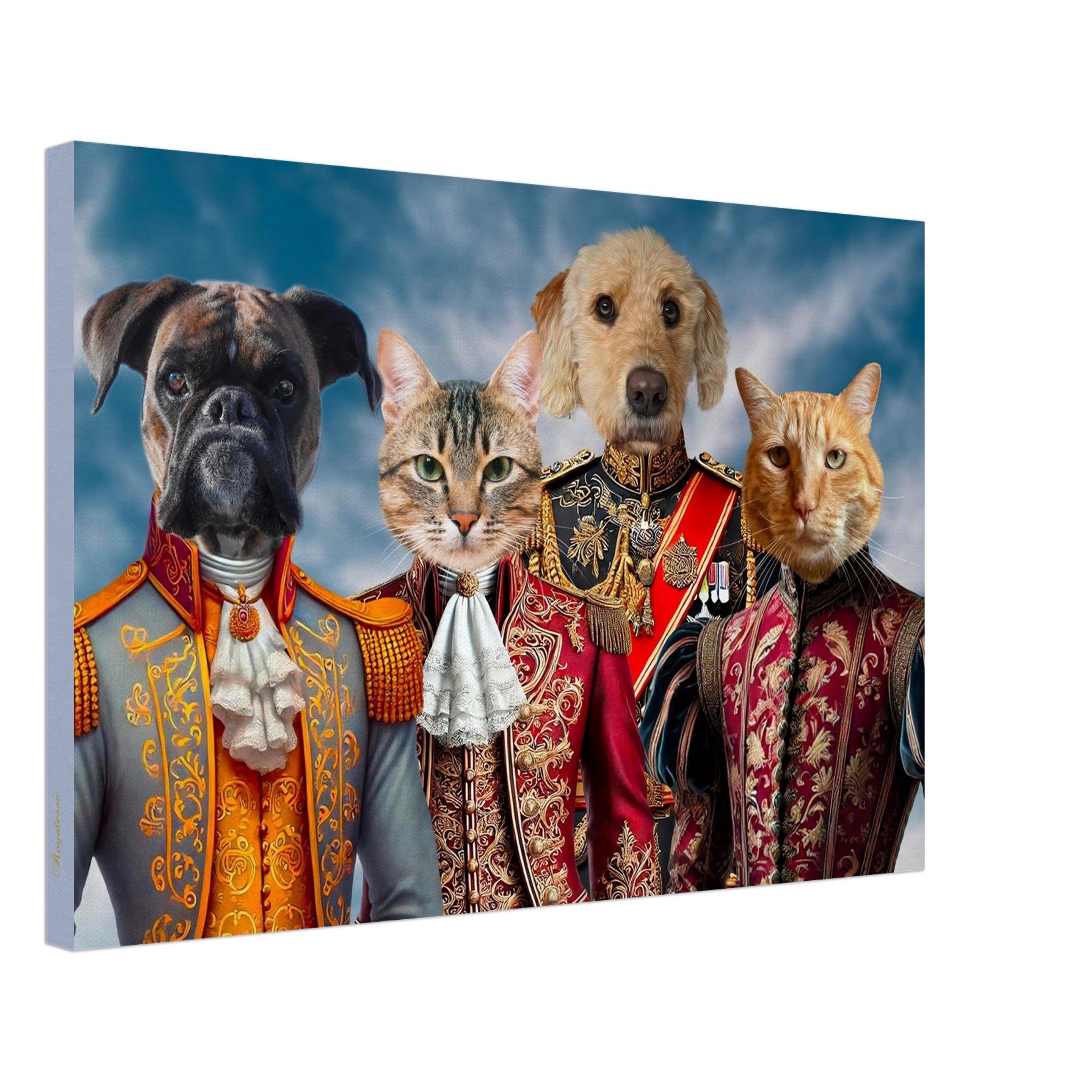 Portrait de quatre animaux en tenues d’aristocrates d’époque : un chien boxer brun en uniforme bleu et or, un chat tigré portant un jabot blanc sous un habit rouge et doré, un chien golden en uniforme militaire rouge richement orné, et un chat roux vêtu d’un pourpoint brodé.
