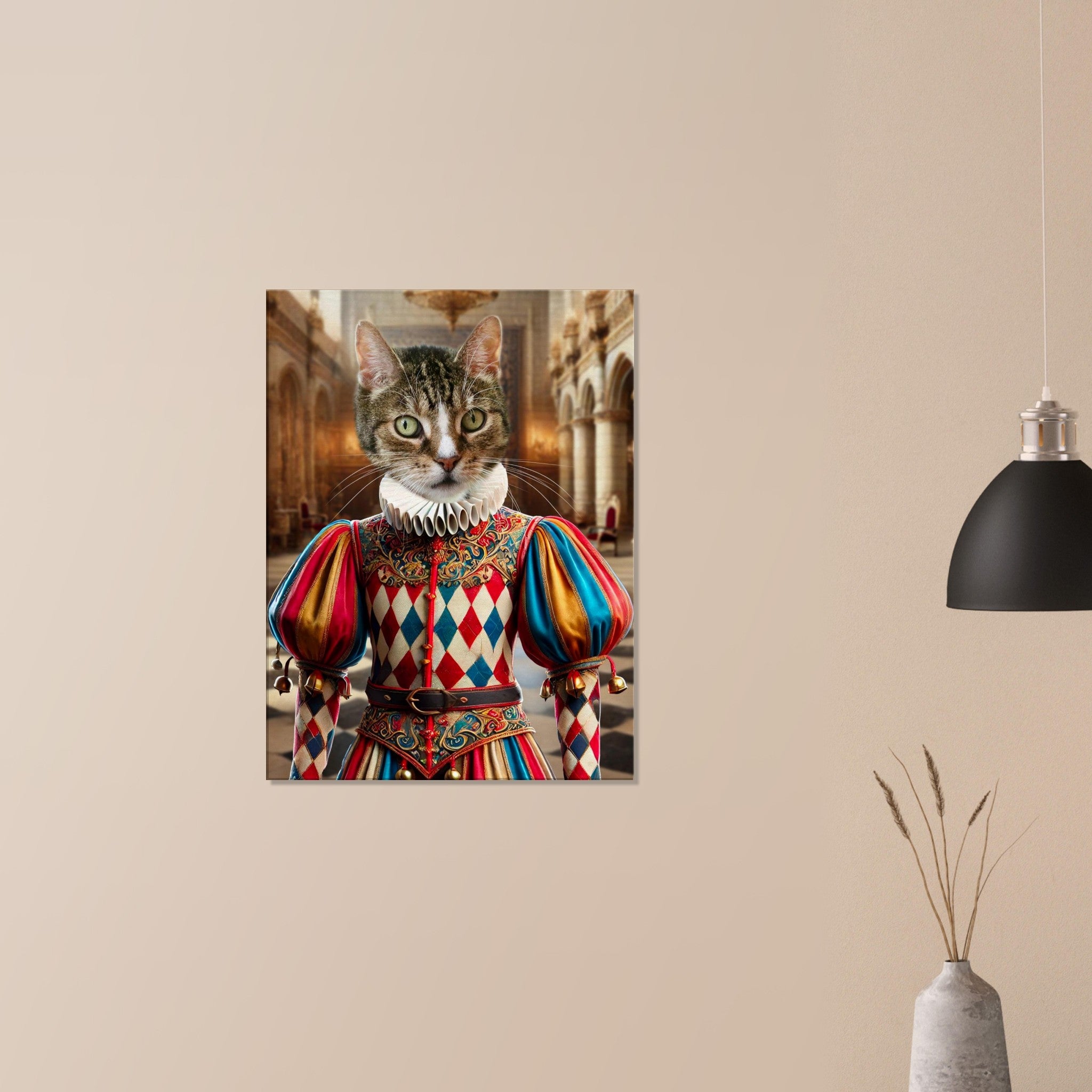 Portrait stylisé d’un chat au pelage tigré portant un costume d’Arlequin renaissance multicolore avec collerette blanche, posé devant un grand hall de palais ancien