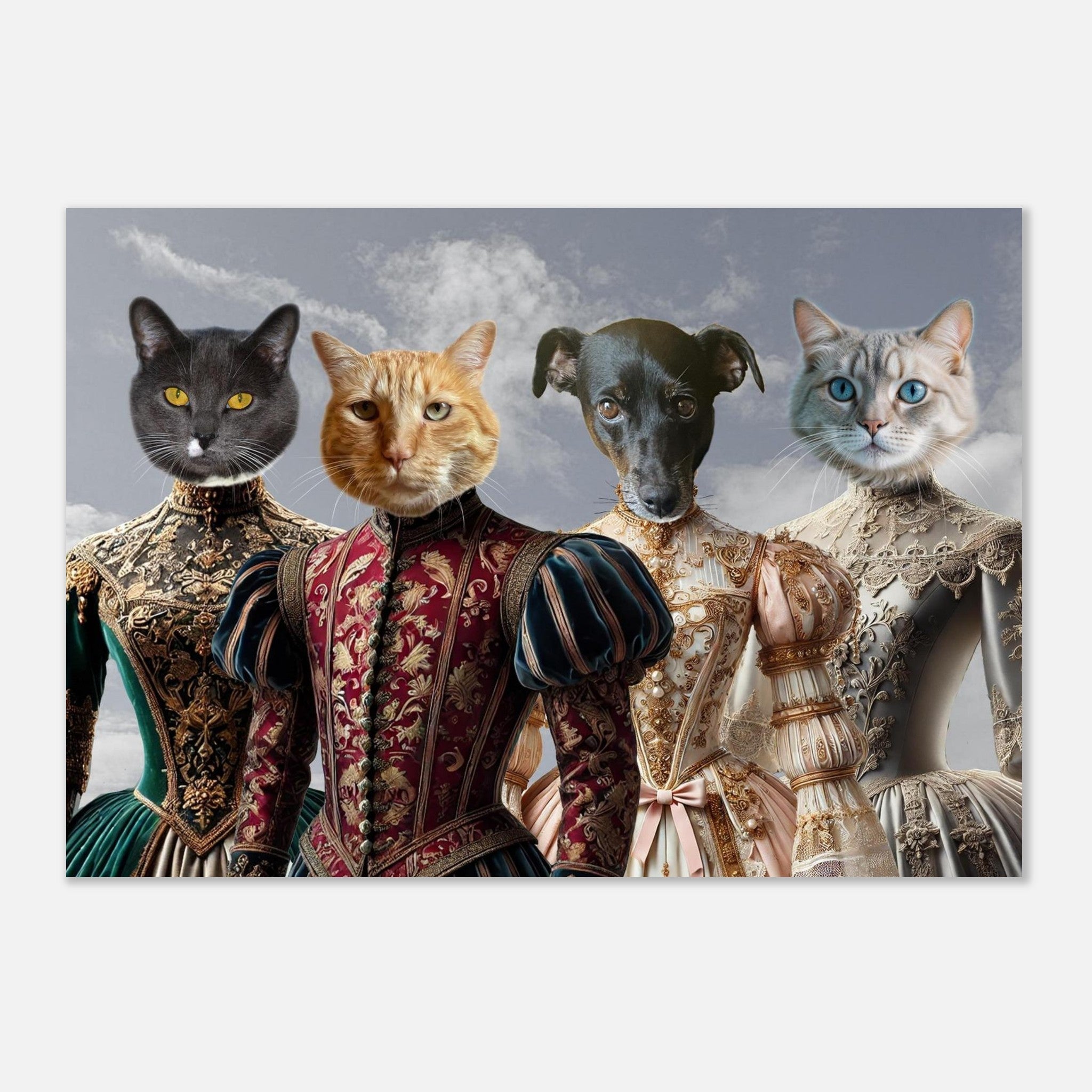 Portrait surréaliste de trois chats (gris, roux, aux yeux bleus) et d’un chien noir vêtus de somptueuses robes Renaissance richement brodées, posant devant un ciel nuageux.