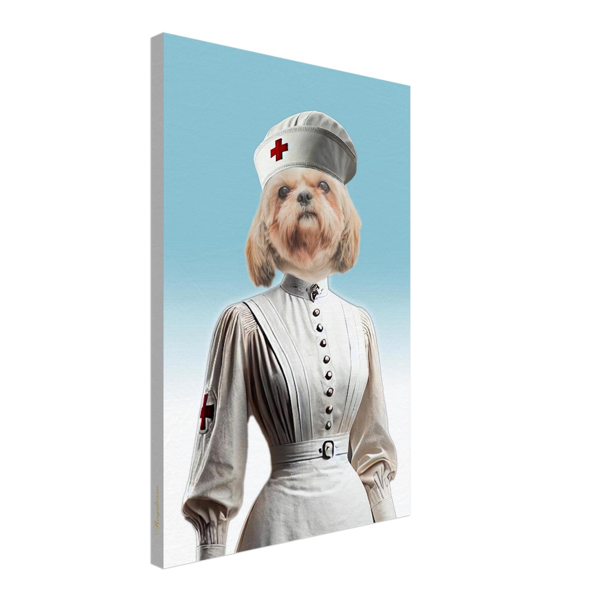 Tableau décoratif portrait de chien Shih Tzu en uniforme d’infirmière vintage blanc avec croix rouge sur fond bleu