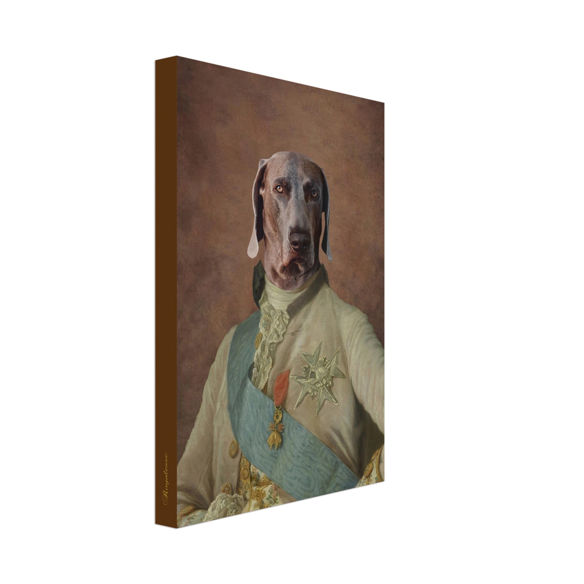 Portrait personnalisé d'animal dans le style Louis XVI, imprimé en France sur toile de papier FSC, art unique et raffiné.