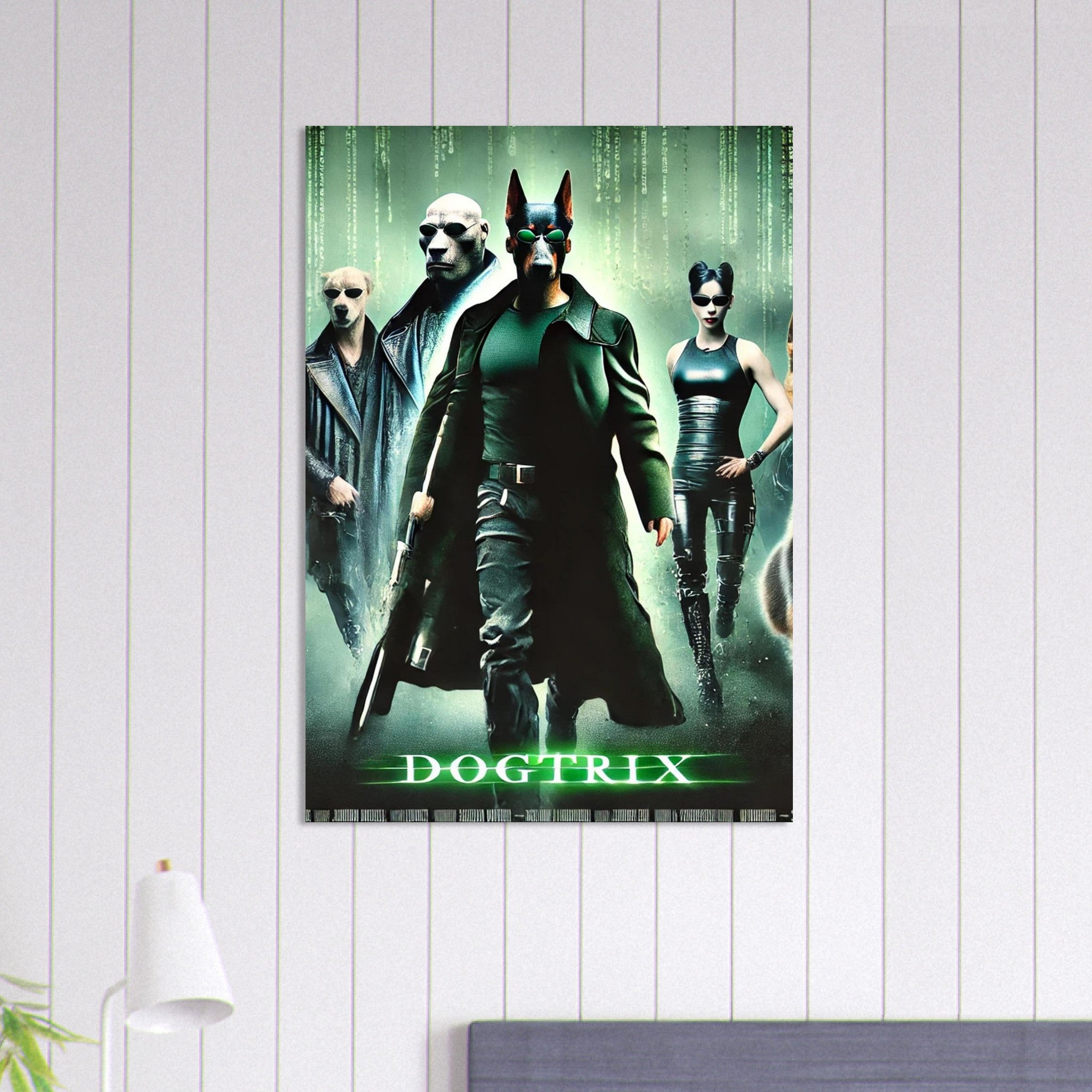 Poster du film Dogtrix : un chien anthropomorphe vêtu d’un long manteau noir et de lunettes noires tenant une arme, entouré de trois personnages canins costumés sur un fond vert inspiré de l’univers Matrix.