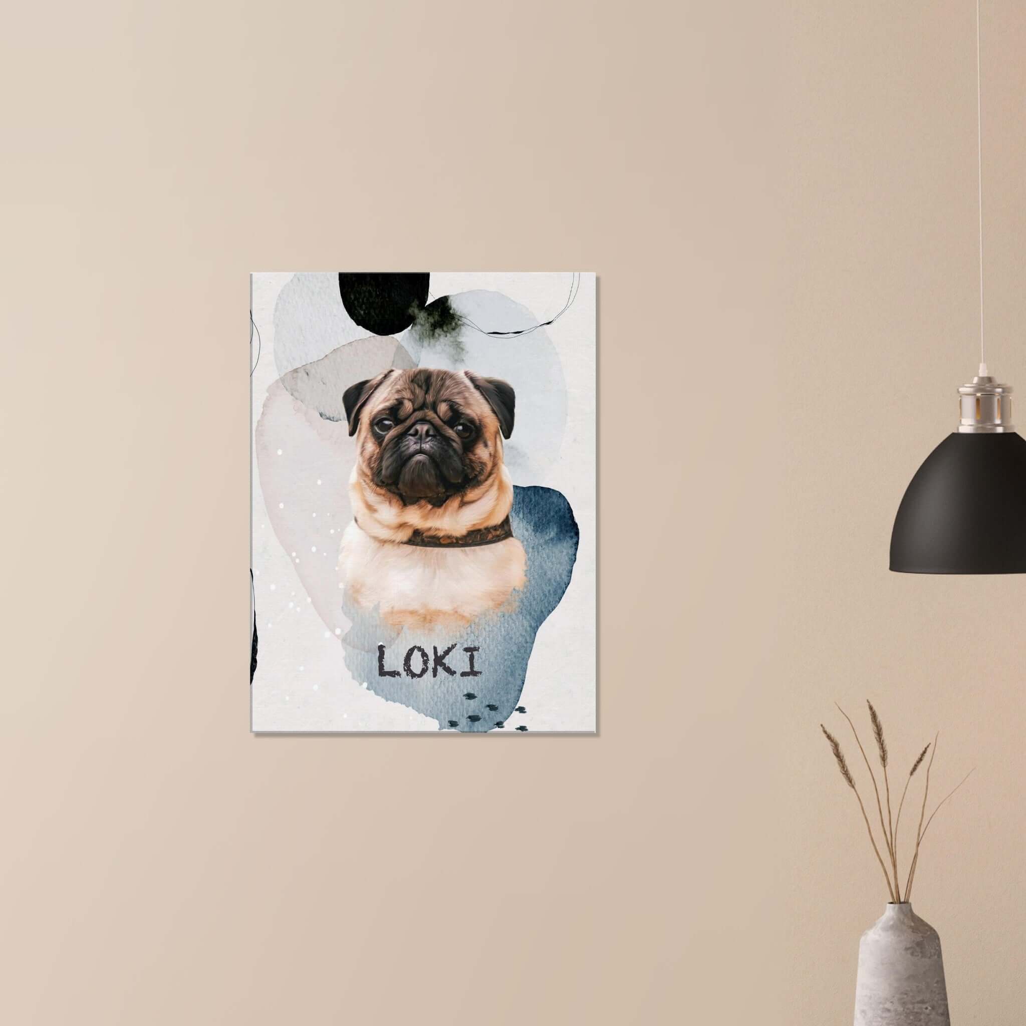 Portrait personnalisé de chien imprimé en France sur toile avec papier FSC, œuvre d'art intemporelle dans un intérieur moderne.