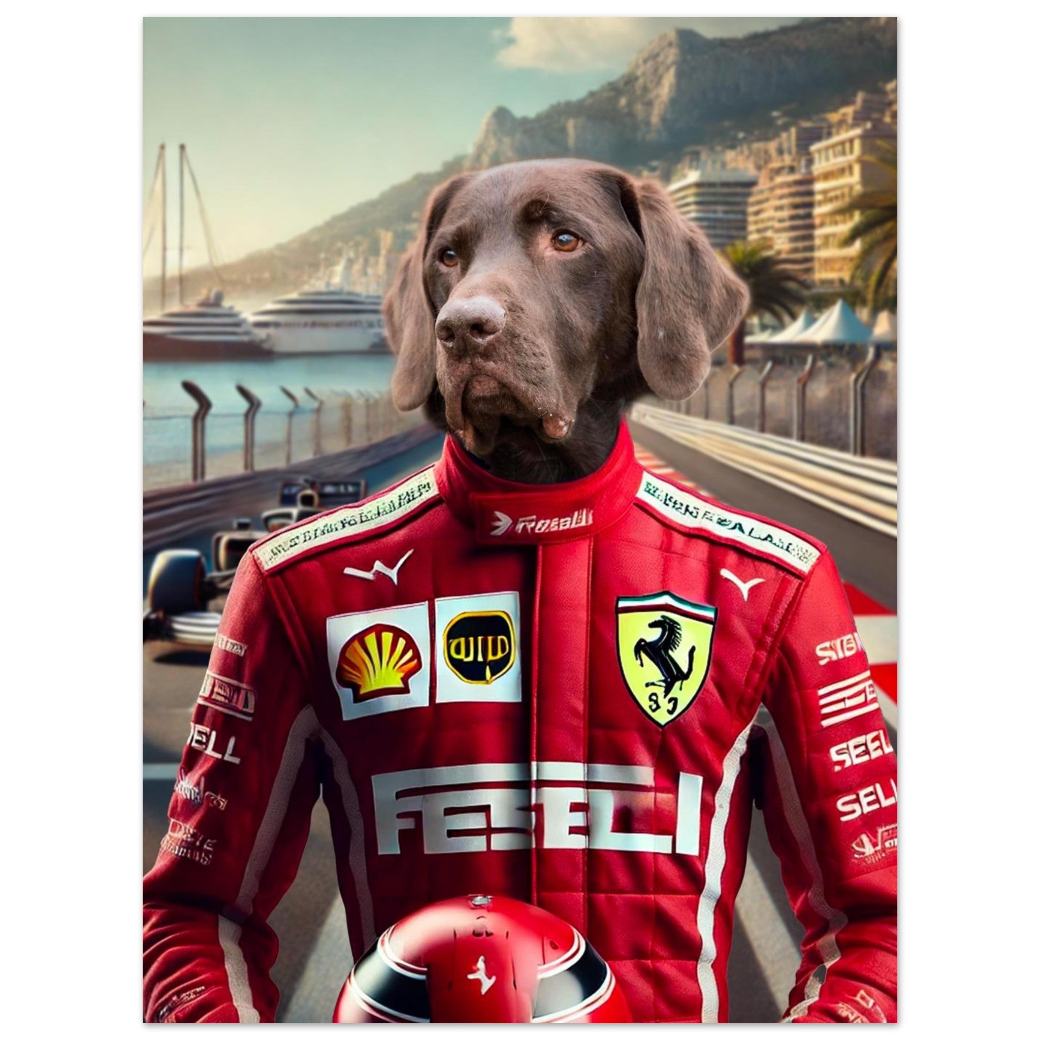 Labrador chocolat en tenue de pilote Ferrari rouge, casque en main, sur la piste de F1 à Monaco avec yachts en arrière-plan