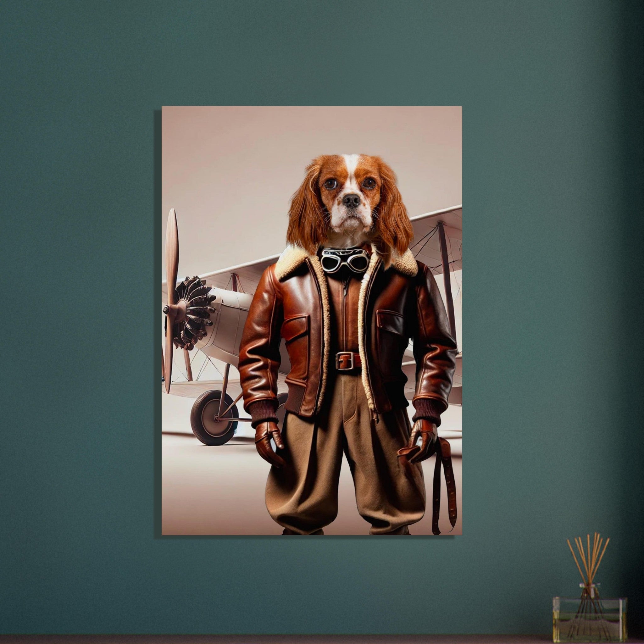 Chien Cavalier King Charles debout en tenue d’aviateur vintage (blouson cuir brun à col mouton, lunettes de pilote autour du cou, gants, pantalon kaki) devant un biplan rétro