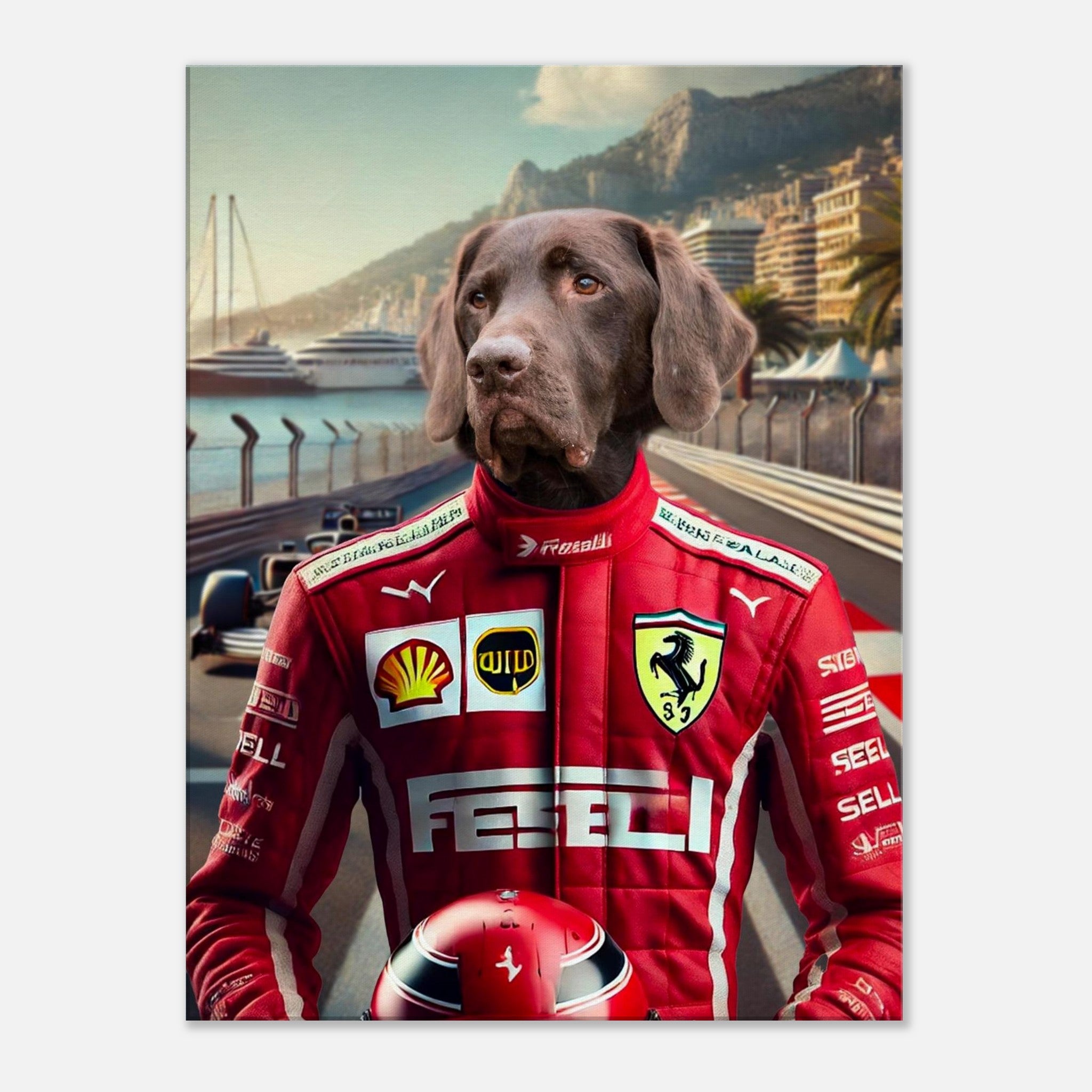 Labrador chocolat en combinaison de pilote Ferrari rouge tenant un casque sur le célèbre circuit de Monaco, avec yachts et immeubles en arrière-plan