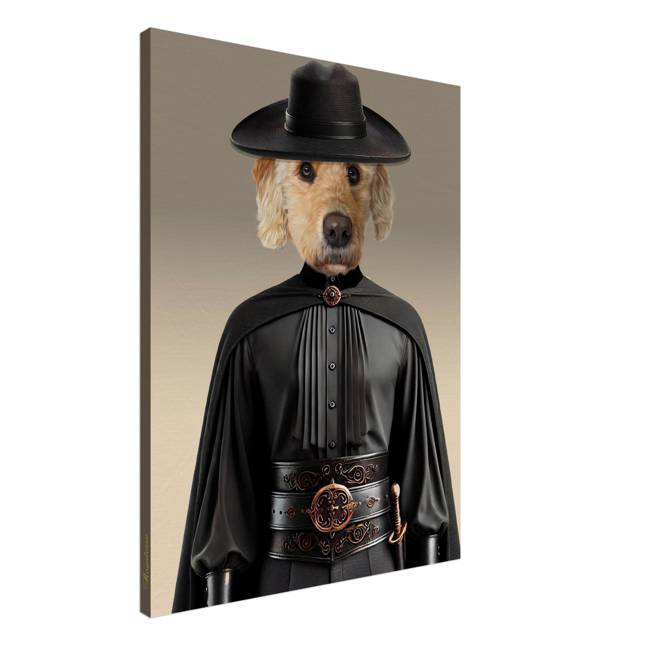 Portrait artistique d’un chien golden retriever anthropomorphe en tenue de mousquetaire noir : chapeau à large bord, cape sombre, chemise plissée et ceinture décorative avec épée.