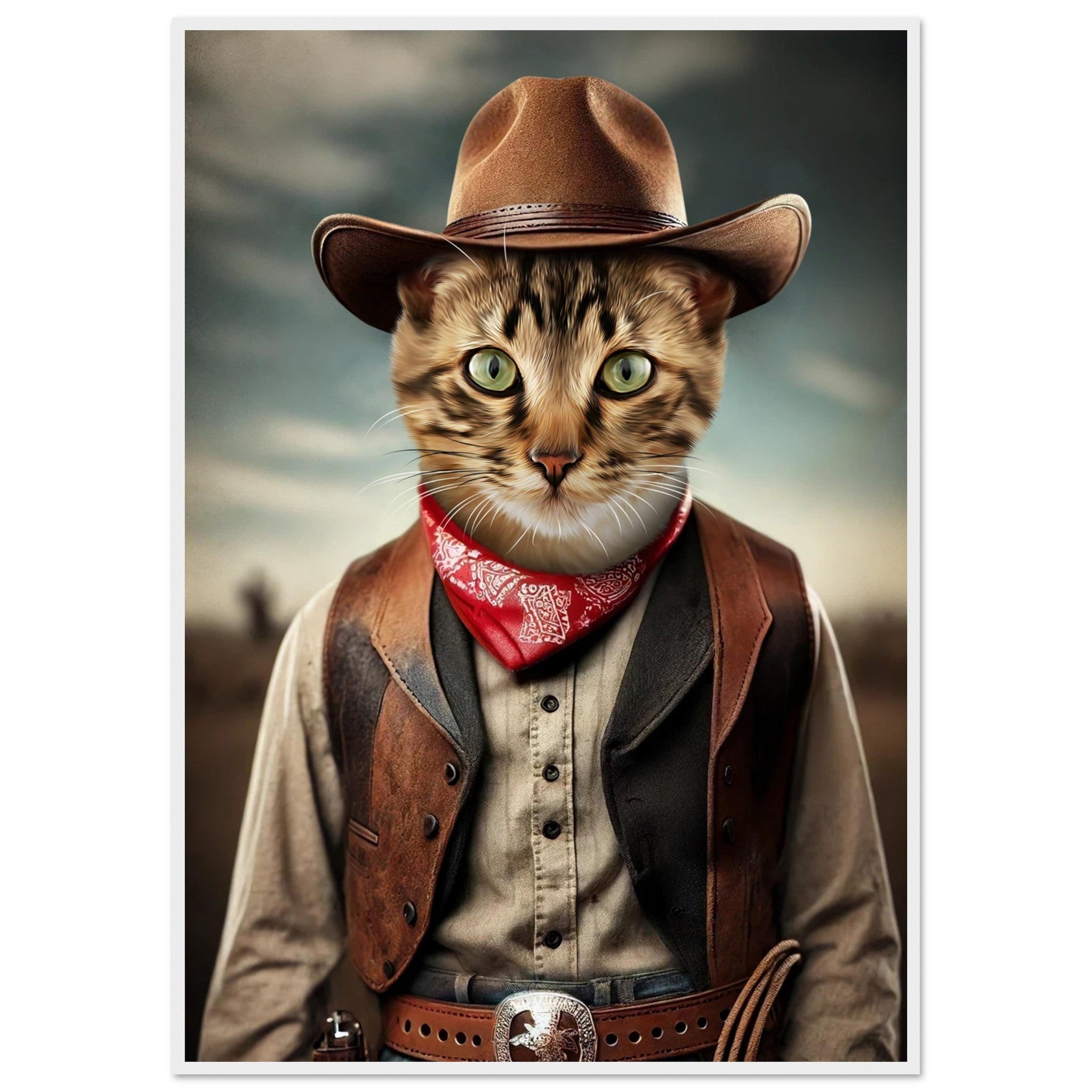 Chat déguisé en cowboy avec un bandana rouge et un chapeau, illustration humoristique sur papier FSC, imprimé en France.