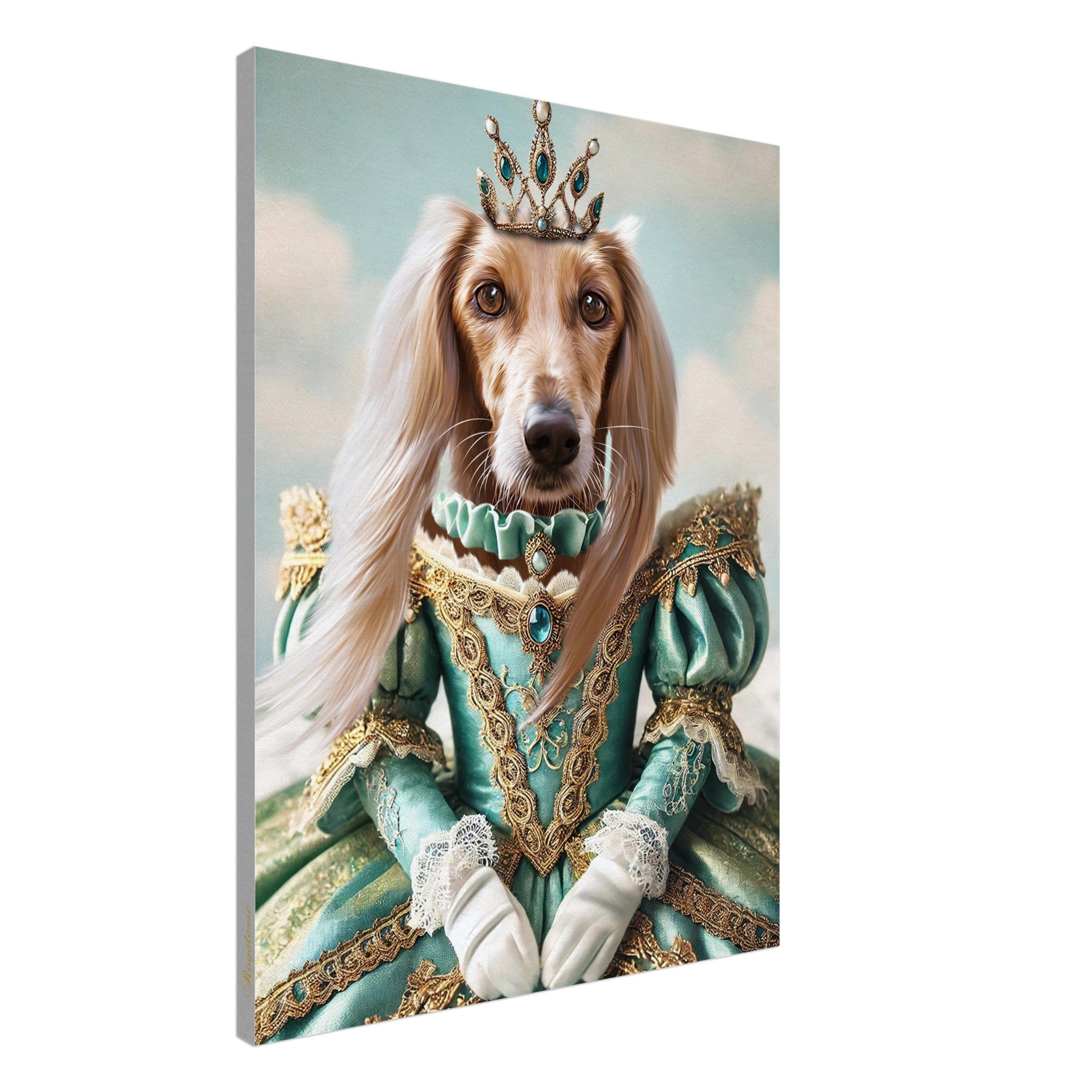 Portrait animalier sur toile "Princesse Turquoise", imprimé en France sur papier FSC, chien en robe élégante et couronne.