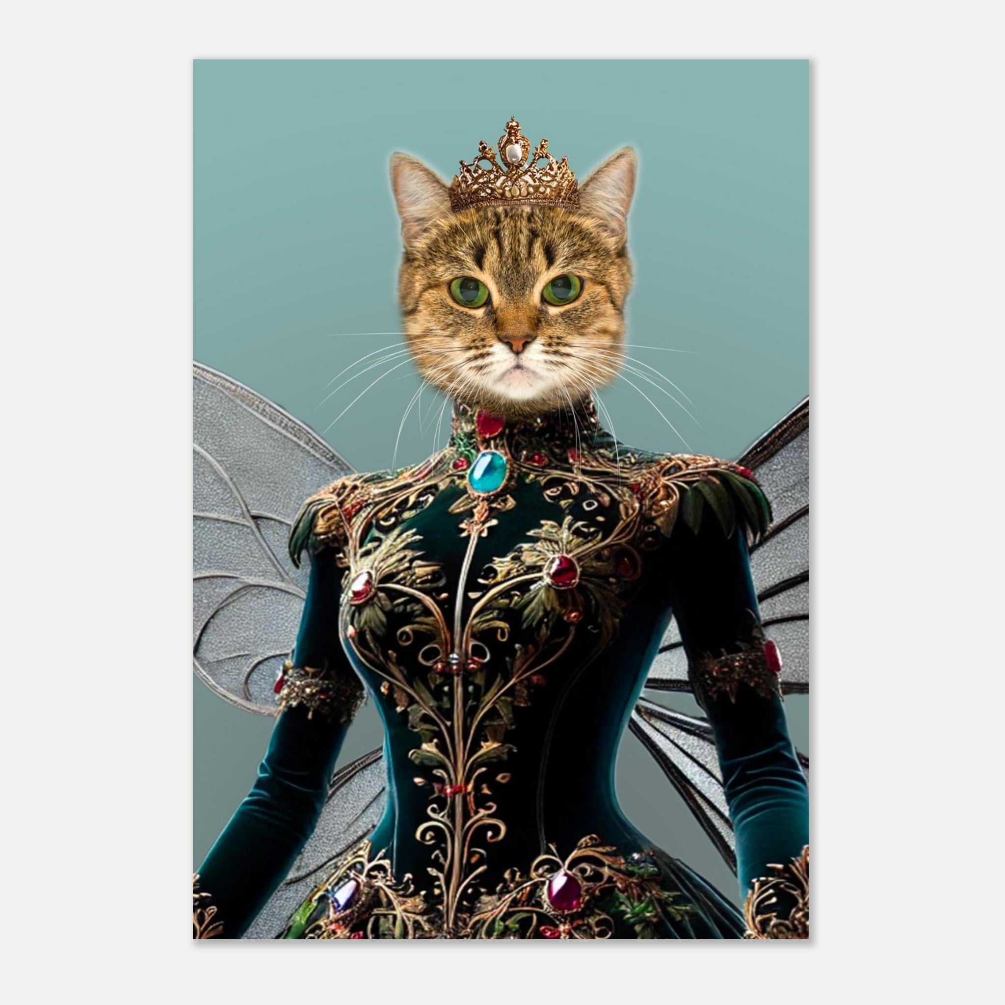Chat à tête féline aux yeux verts posé sur un corps de style humain, vêtu d’une somptueuse robe royale vert sombre richement brodée d’or et de pierres précieuses, avec de délicates ailes translucides dans le dos et une petite couronne dorée ornée de perles sur la tête.