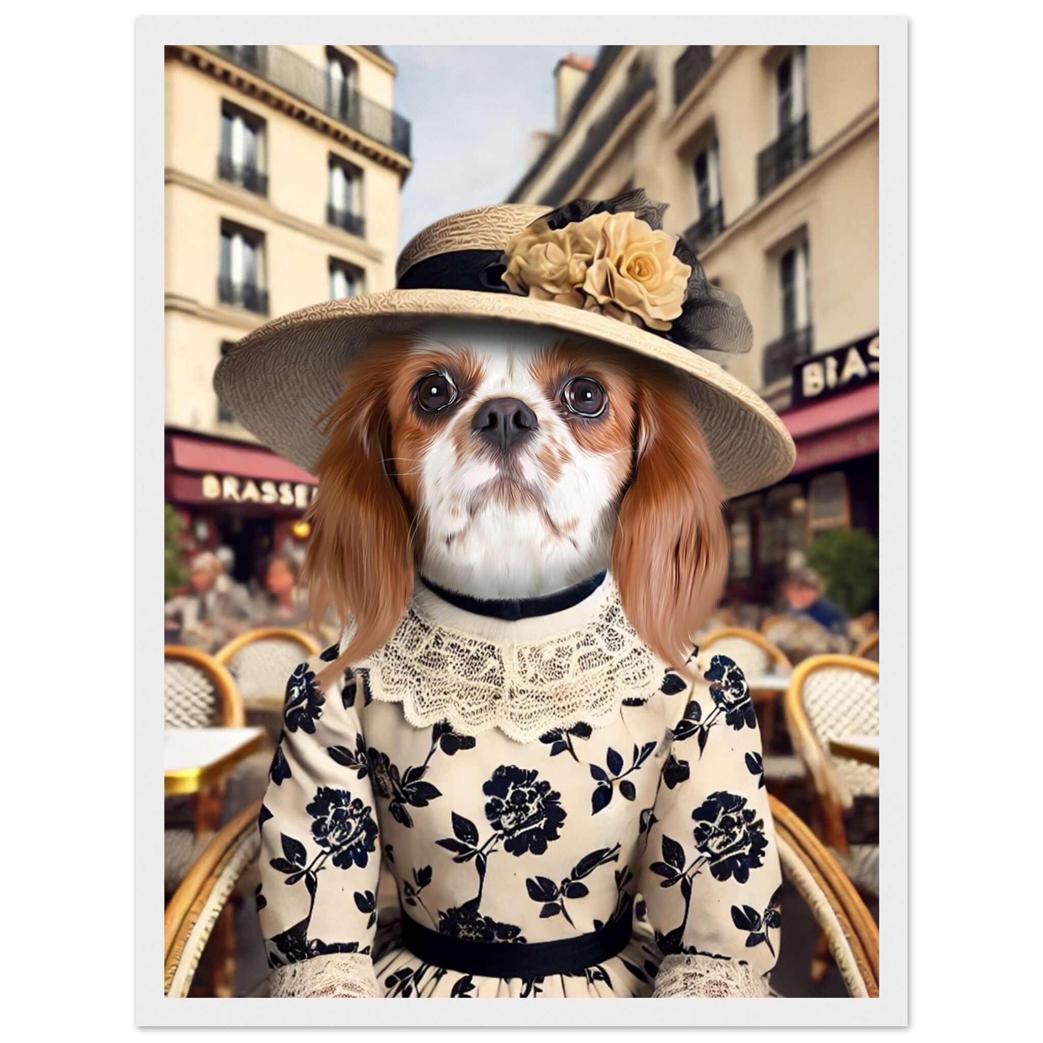 Chien déguisé en dame élégante avec chapeau, photo encadrée bois. Imprimé en France sur papier FSC. Art mural prêt à accrocher.