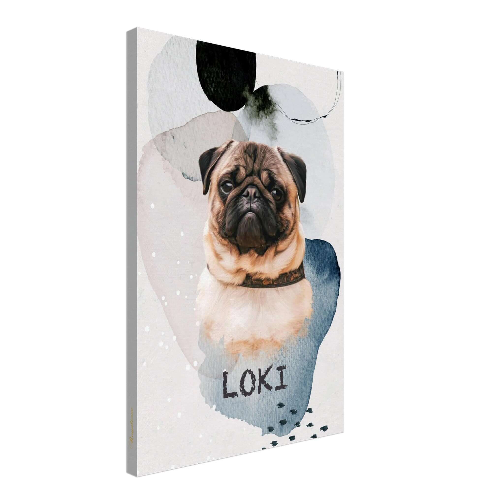 Portrait personnalisé de chien "Loki" sur toile, imprimé en France avec papier FSC, art intemporel et raffiné.