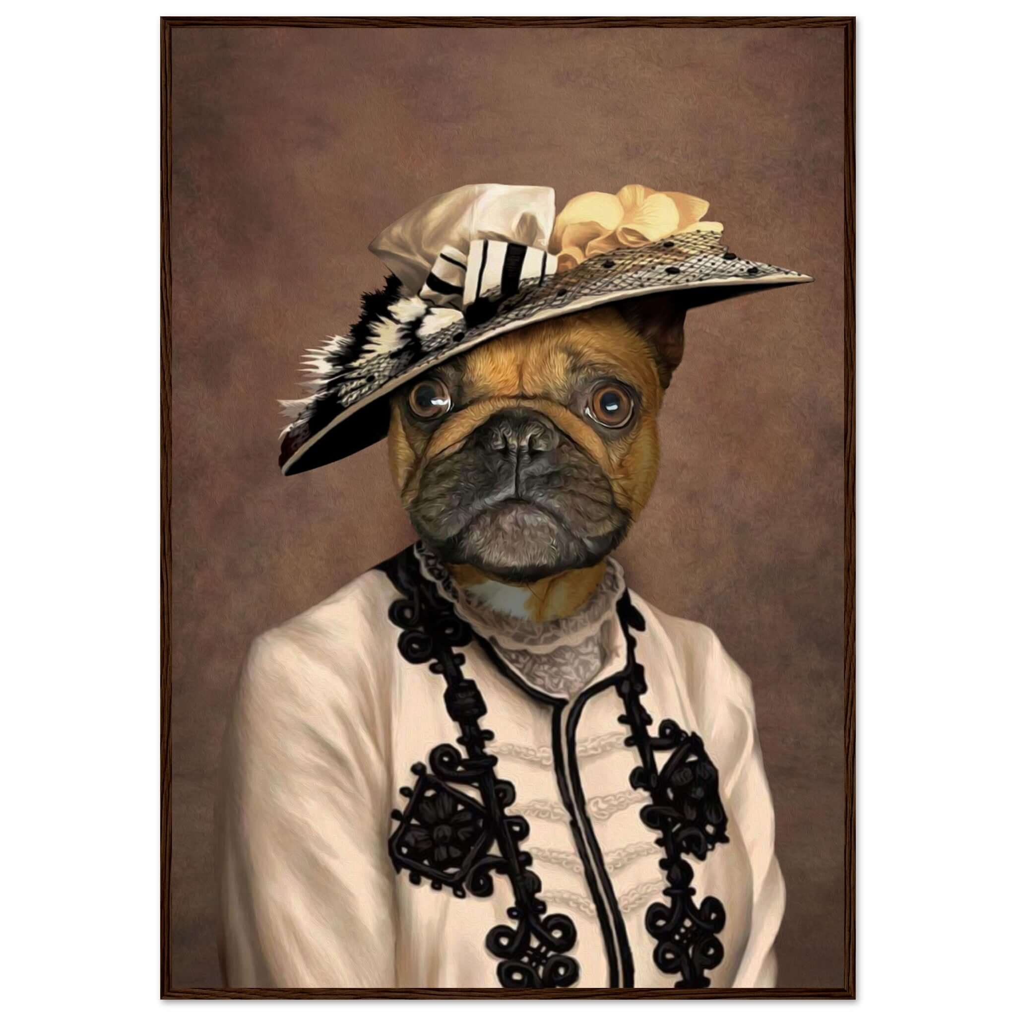 Cadre ANNEES FOLLES avec bulldog en tenue vintage, imprimé en France sur papier FSC, prêt à accrocher, cadre en bois de pin durable.