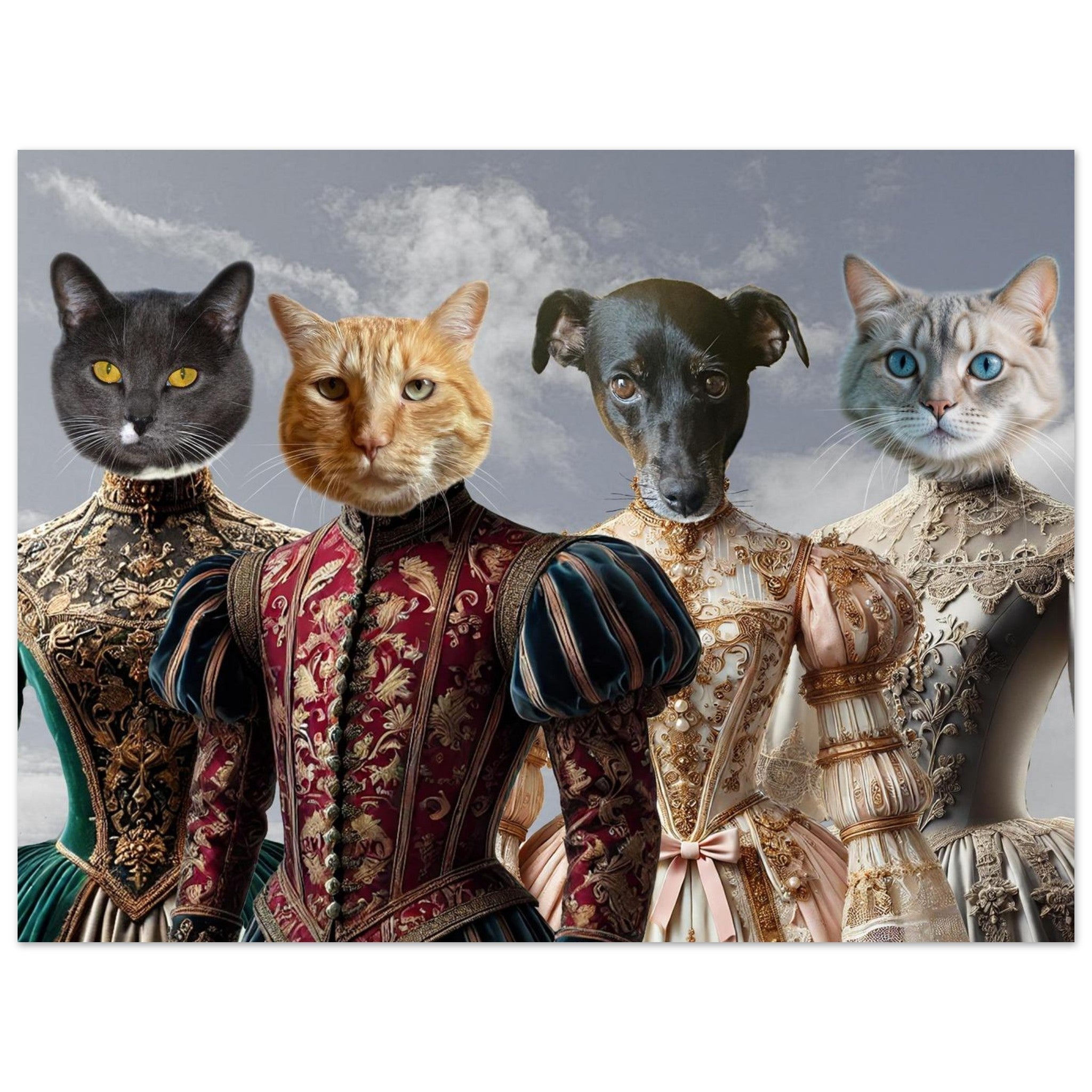 Trois chats (gris, roux et blanc) et un petit chien noir anthropomorphes vêtus de somptueuses robes Renaissance richement brodées sur fond de ciel nuageux.