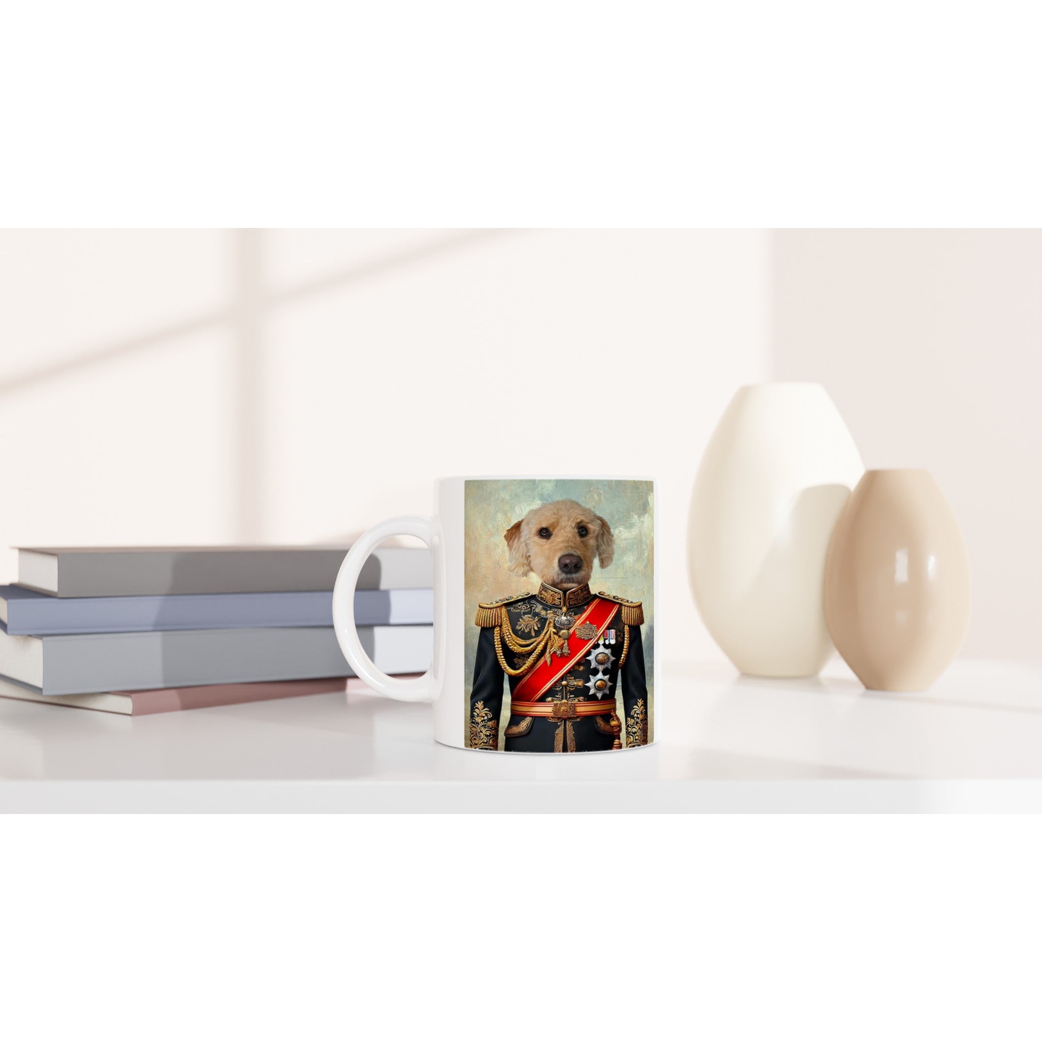 Mug blanc posé sur une table imprimé d’un portrait mêlant la tête d’un golden retriever à un corps d’officier en uniforme impérial orné de médailles, d’épaulettes et d’une écharpe rouge