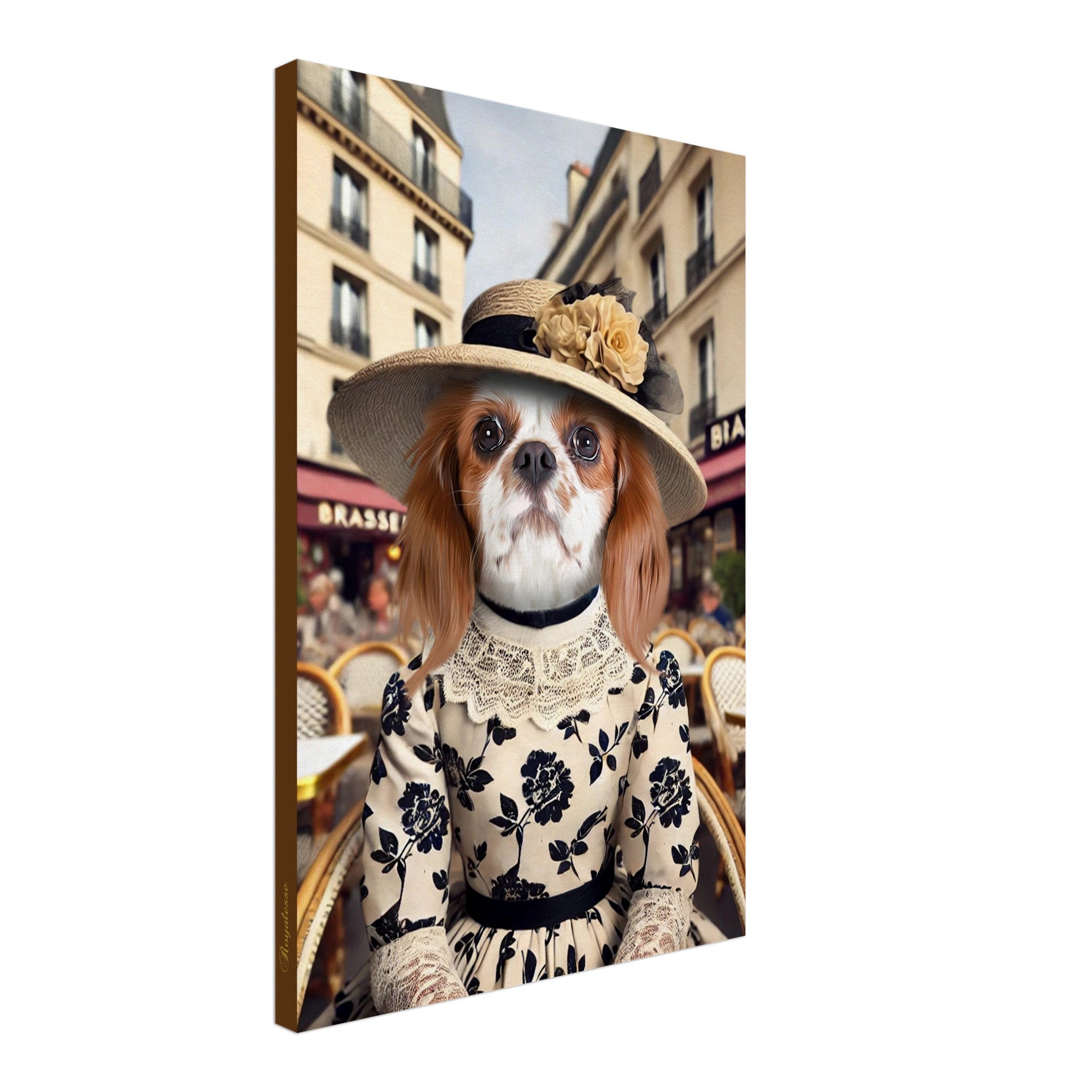 Portrait animalier personnalisé sur toile, chien élégamment habillé avec chapeau, imprimé en France, papier FSC, art intemporel.