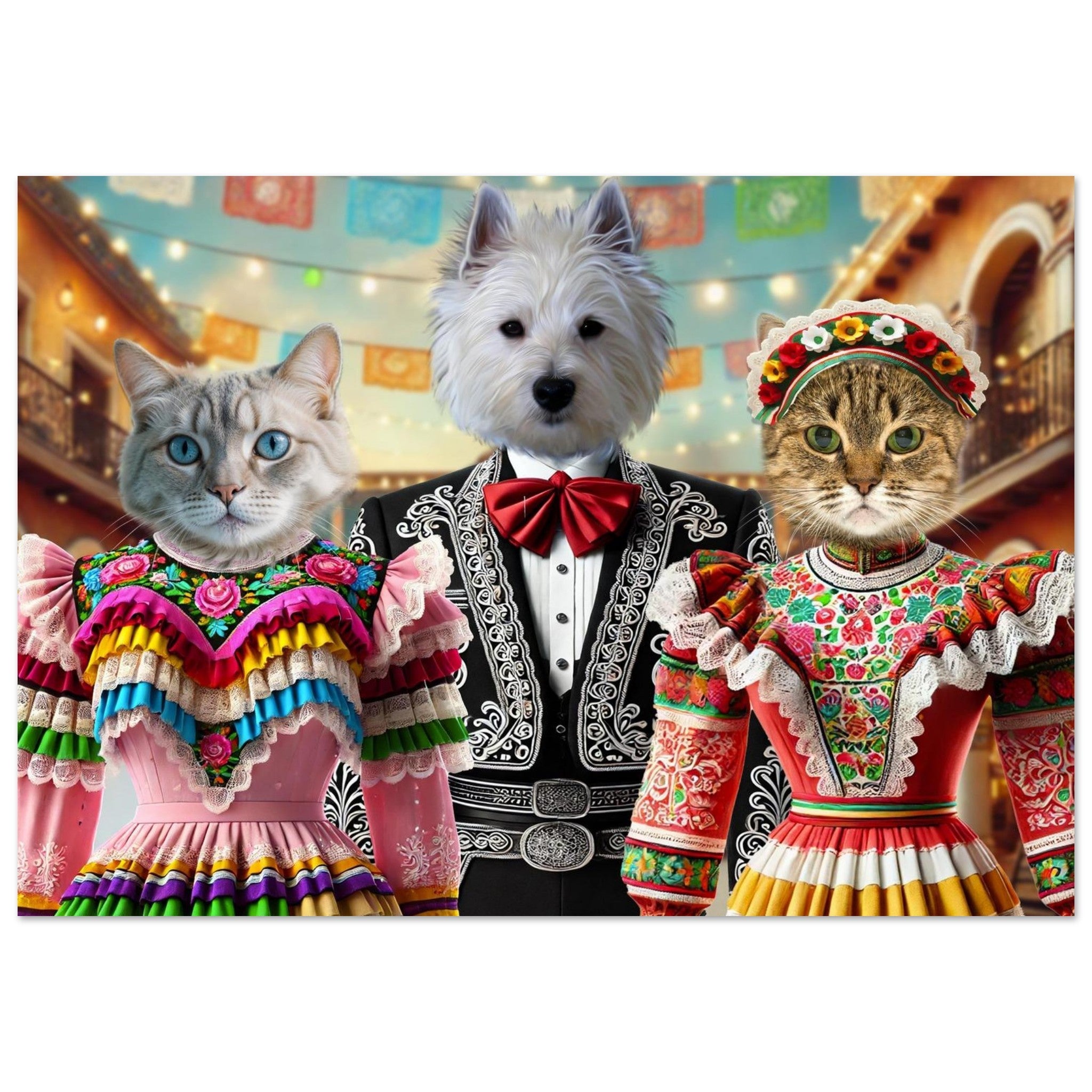 Deux chats (un gris aux yeux bleus et un brun aux yeux verts) et un petit chien blanc vêtus de tenues folkloriques mexicaines très colorées (robes à volants brodées et costume de mariachi), posant devant une rue décorée de guirlandes lumineuses et de papel picado.
