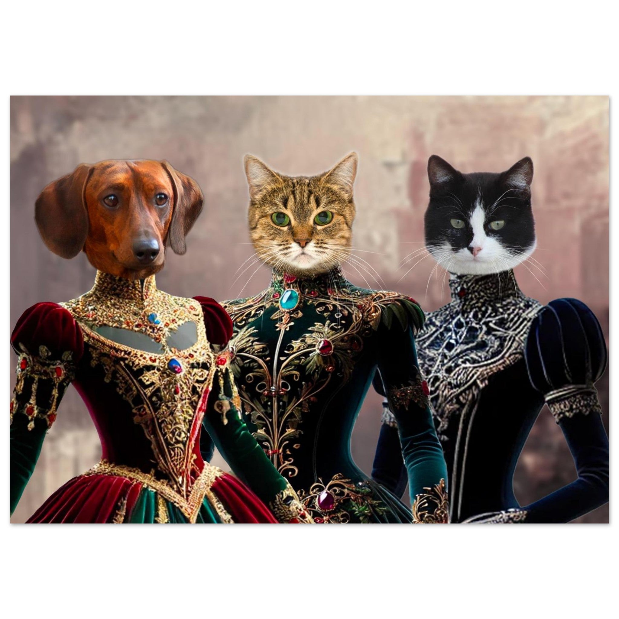 Chien teckel, chat tigré et chat noir et blanc vêtus de somptueuses robes de style Renaissance richement brodées et ornées de pierres précieuses, portrait aristocratique
