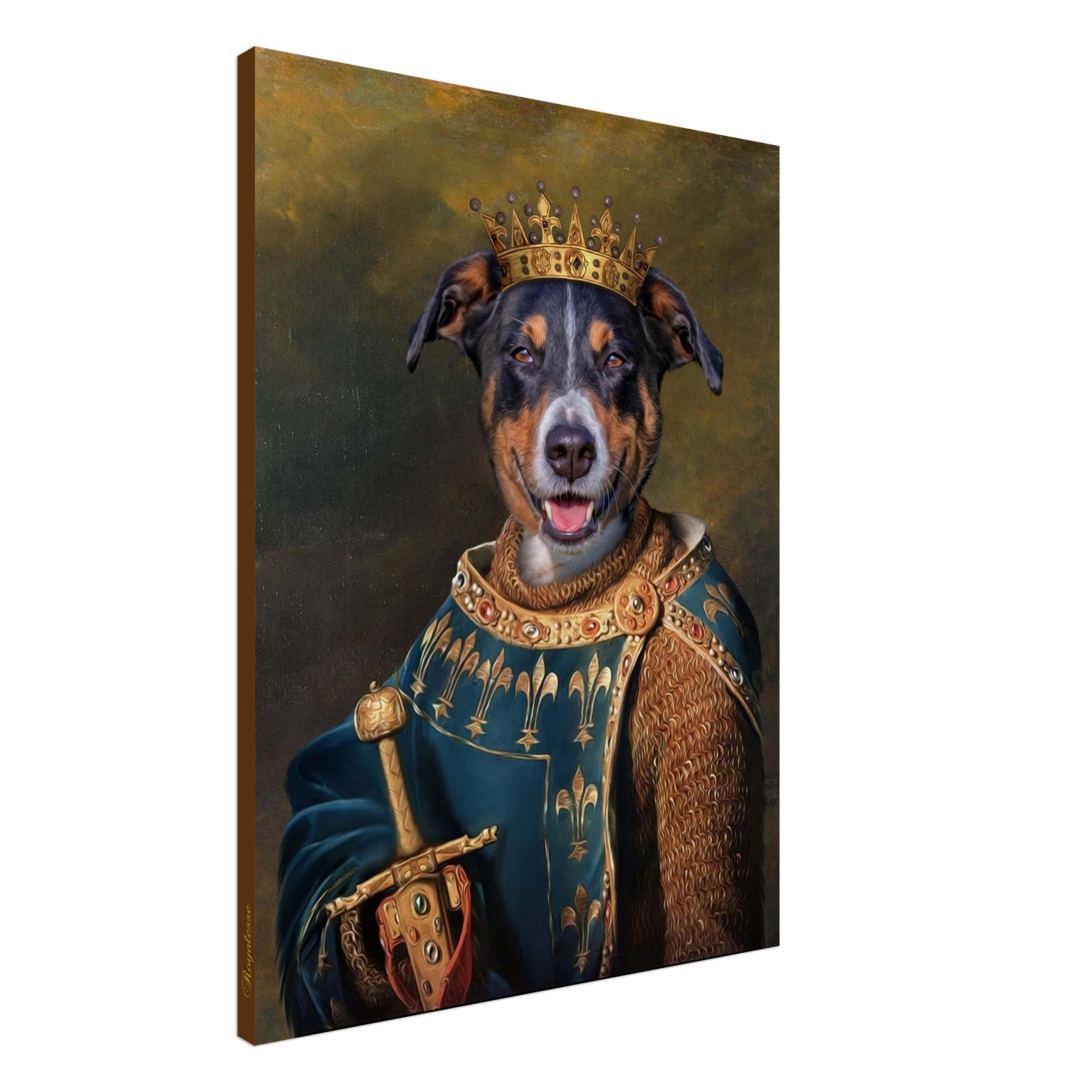 Portrait animal personnalisé sur toile, imprimé en France avec papier FSC, chien royal médiéval portant couronne et épée.